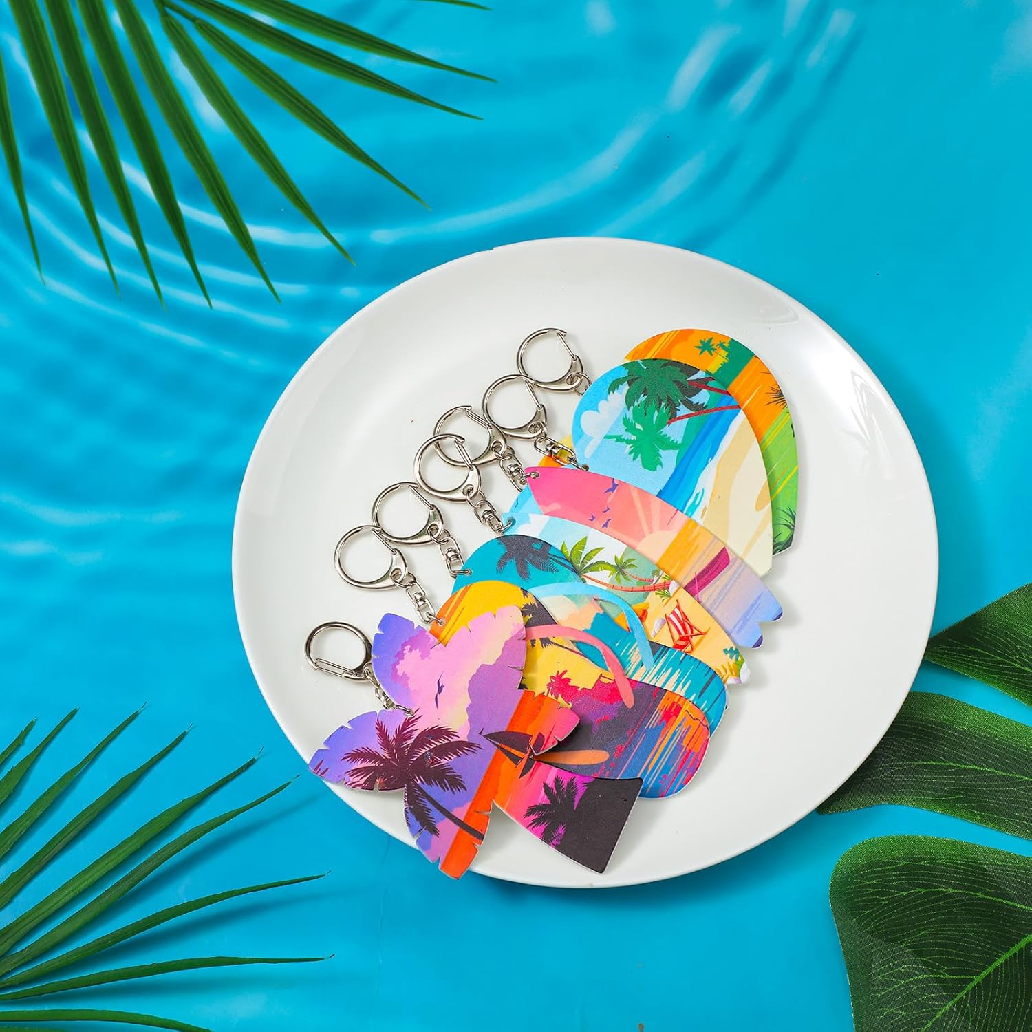 Bucherry Juego de 36 llaveros para regalos de playa, juego de regalo de madera a granel para tabla de surf, tortuga marina, cocotero, llaveros de la