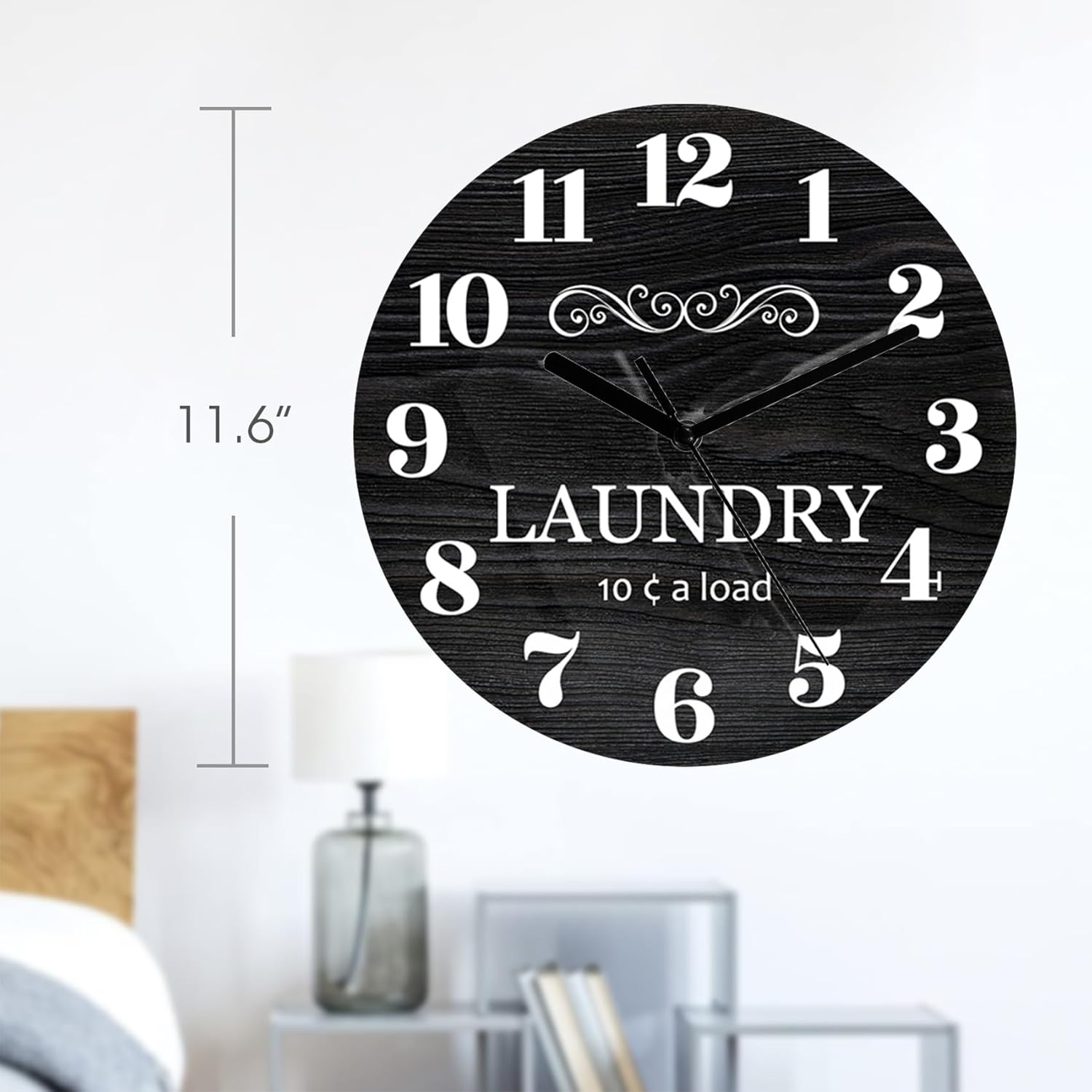Reloj de pared redondo personalizado para lavandería, color negro, fácil de leer, analógico, rústico, funciona con pilas, silencioso, sin tictac,