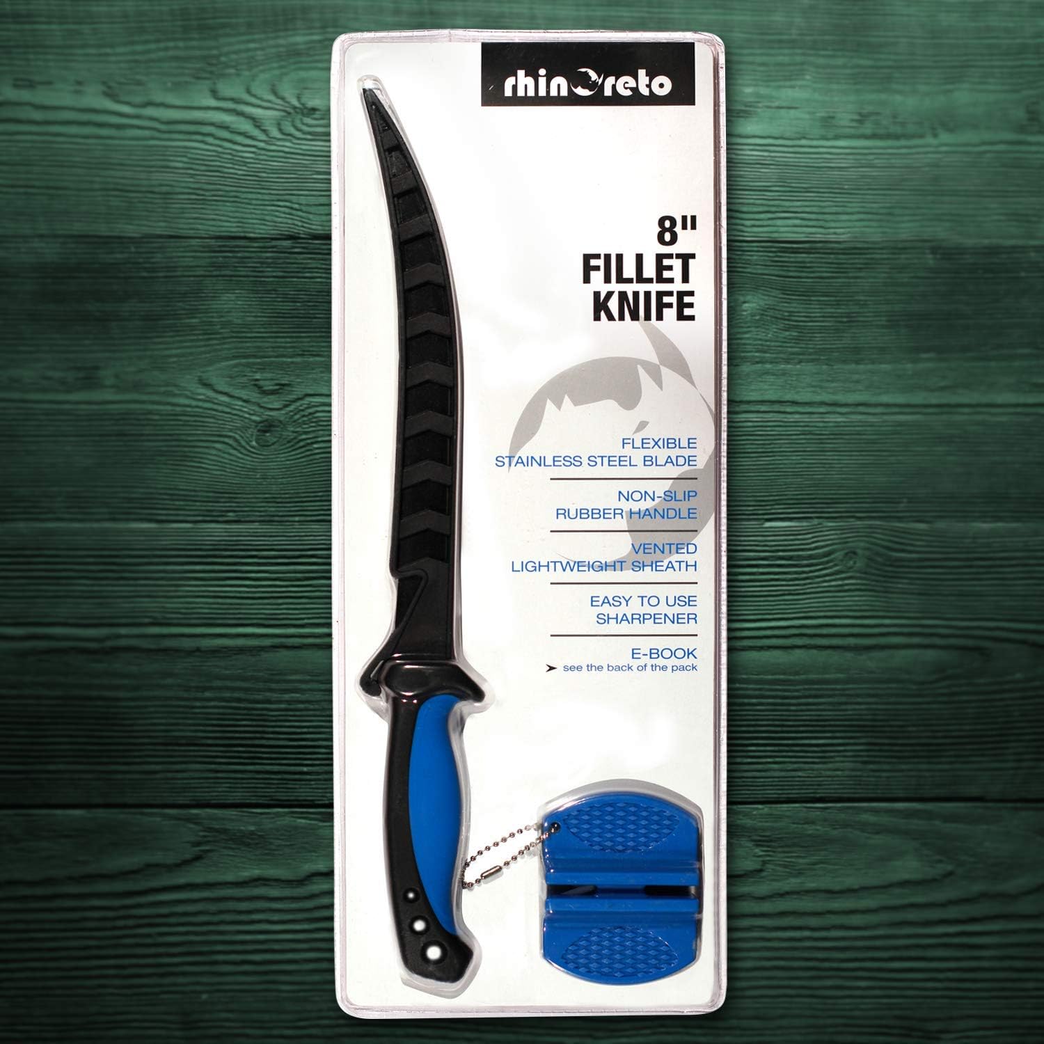 Rhinoreto Cuchillo de filete de pescado y cuchillo de pesca con funda y herramienta de afilado. Cuchillo de filete para pescado y cuchillo de