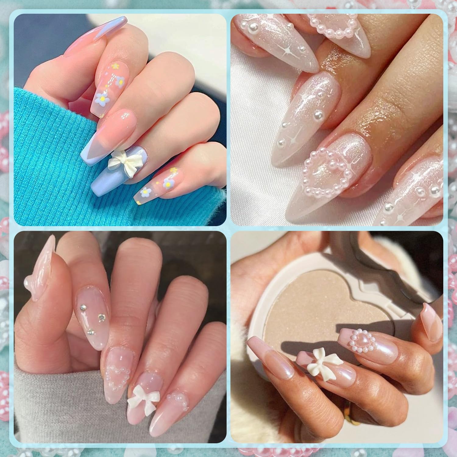 1200 dijes de uñas multiformas 3D y perlas de parte trasera plana, estilos mixtos de blanco y beige, adornos de corazón y estrella, arco de girasol