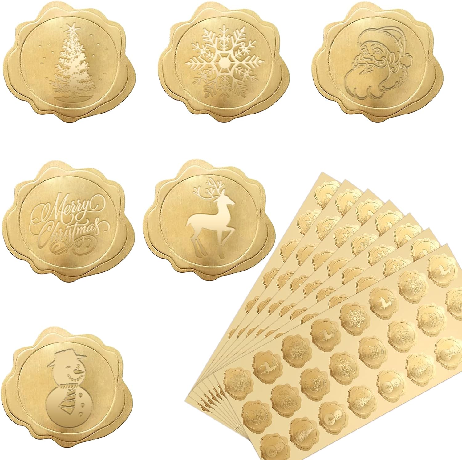 480 calcomanías de sobres de Navidad, calcomanías de papel dorado en relieve, calcomanías de sellos de cera, calcomanías adhesivas de flores para