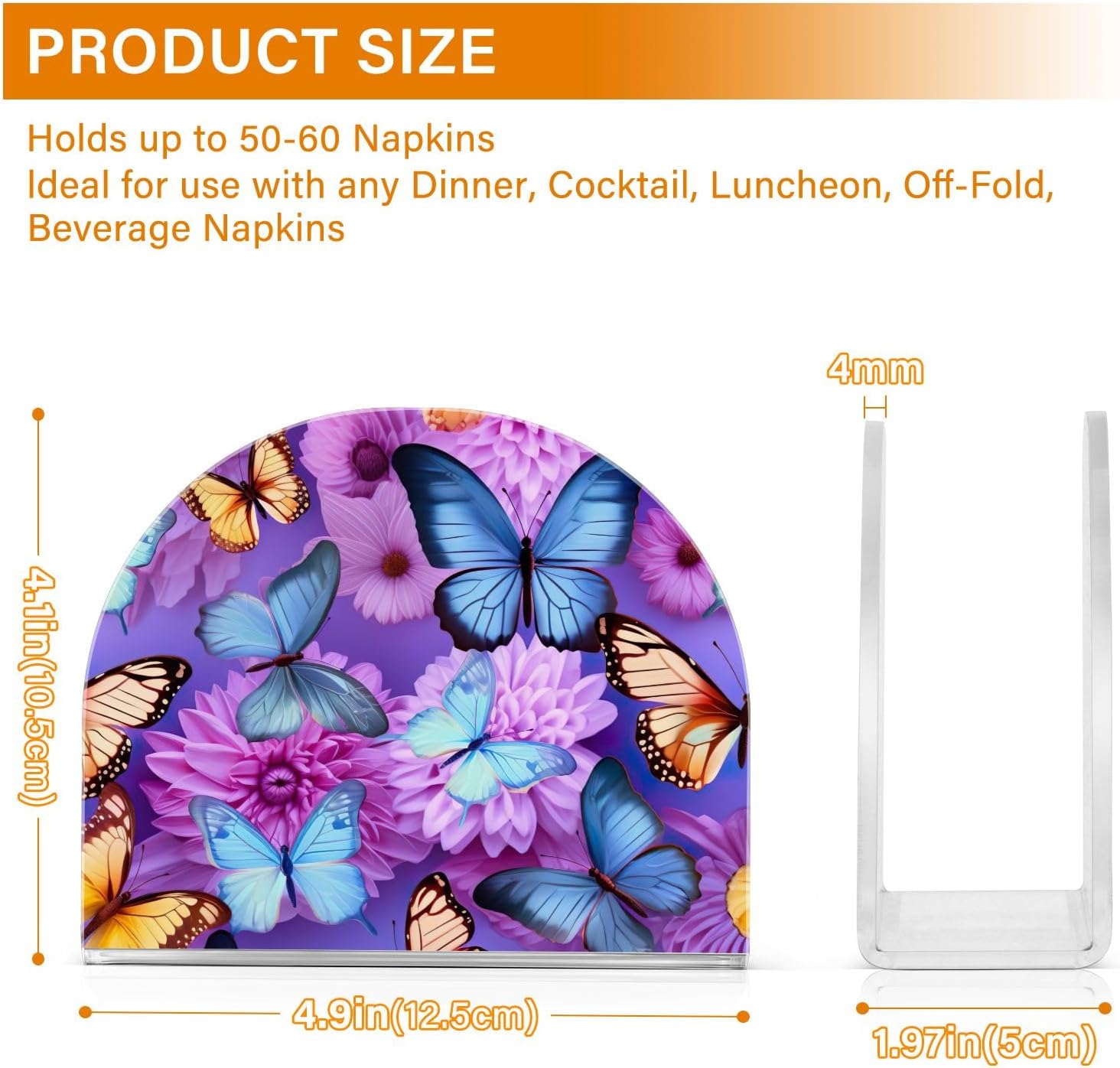Dispensador de servilletas de flores moradas con mariposas, soporte de acrílico para servilletas de cóctel para mesas, servilleta de pie para cena,