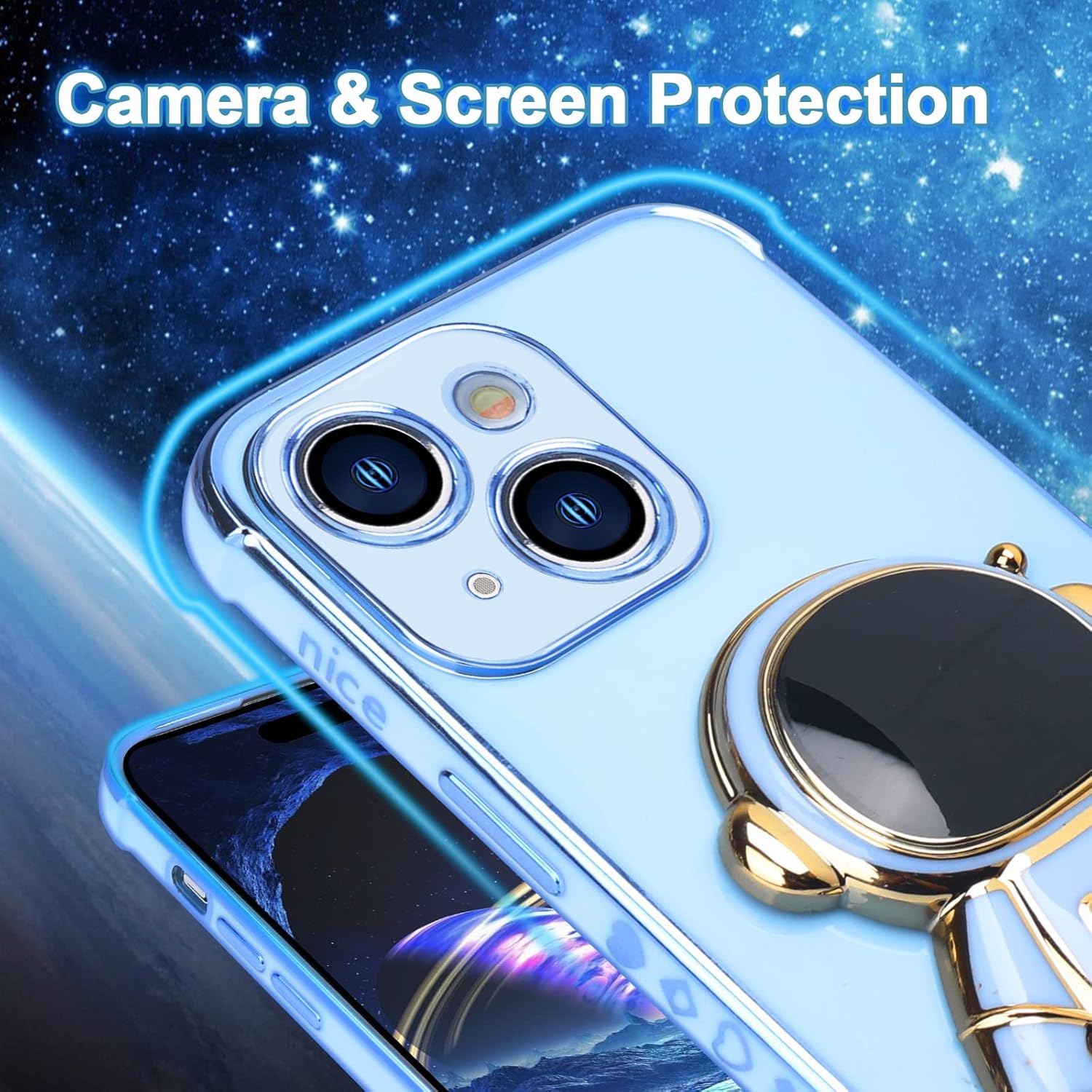 Omio – Funda compatible con iPhone 15 con soporte oculto de astronauta, funda de lujo chapado en corazón con borde lateral, pequeño patrón de amor