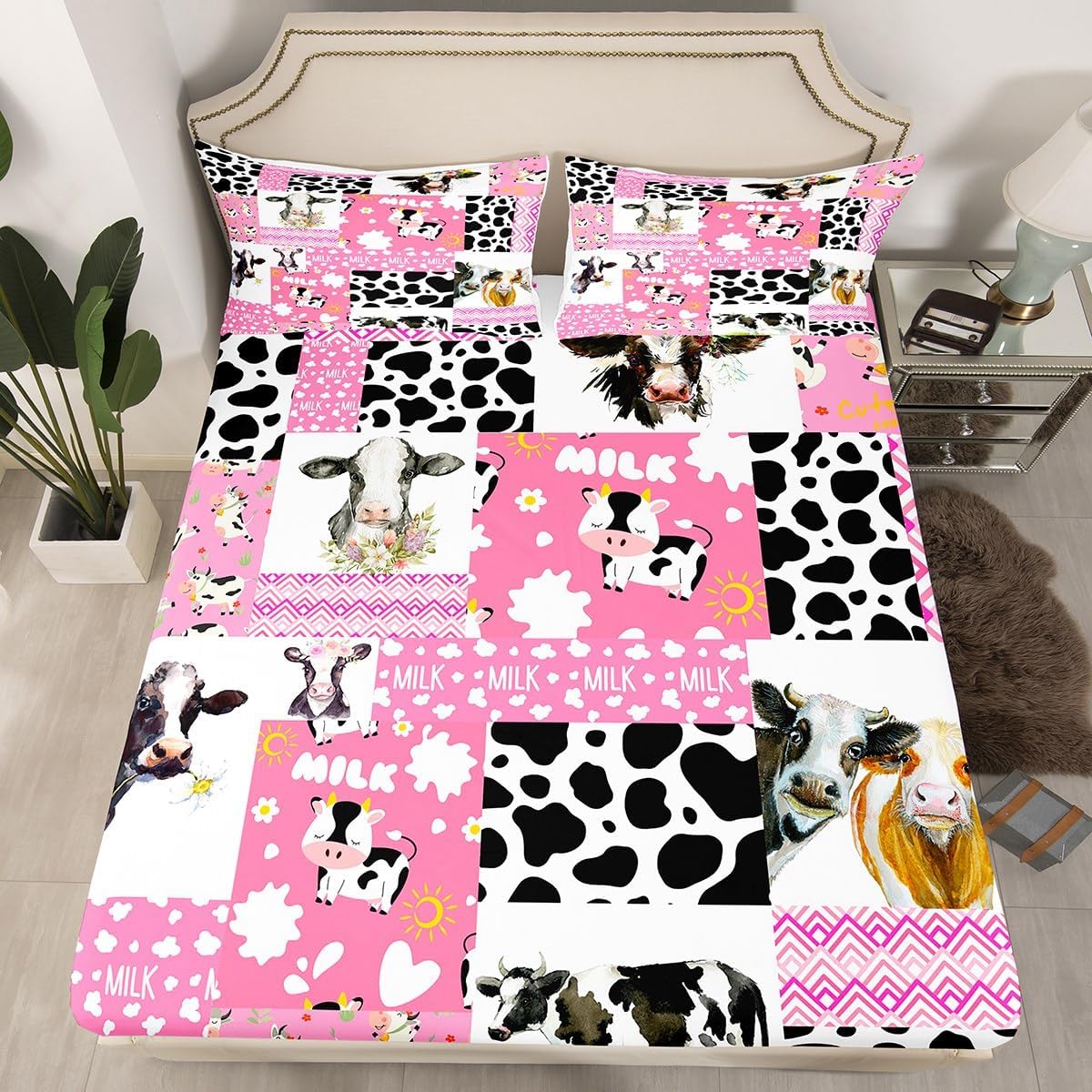 Erosebridal Juego de sábanas tamaño individual con estampado de vaca rosa, juego de sábanas de animales kawaii, juego de sábanas de vida silvestre,