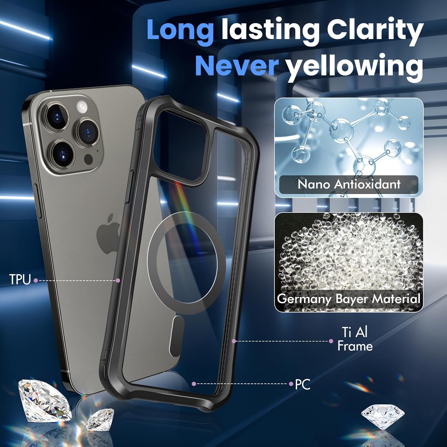 Funda MagSafe para iPhone 15 Pro protección contra caídas de 16 pies, marco de aluminio de titanio con parte trasera transparente para iPhone 15