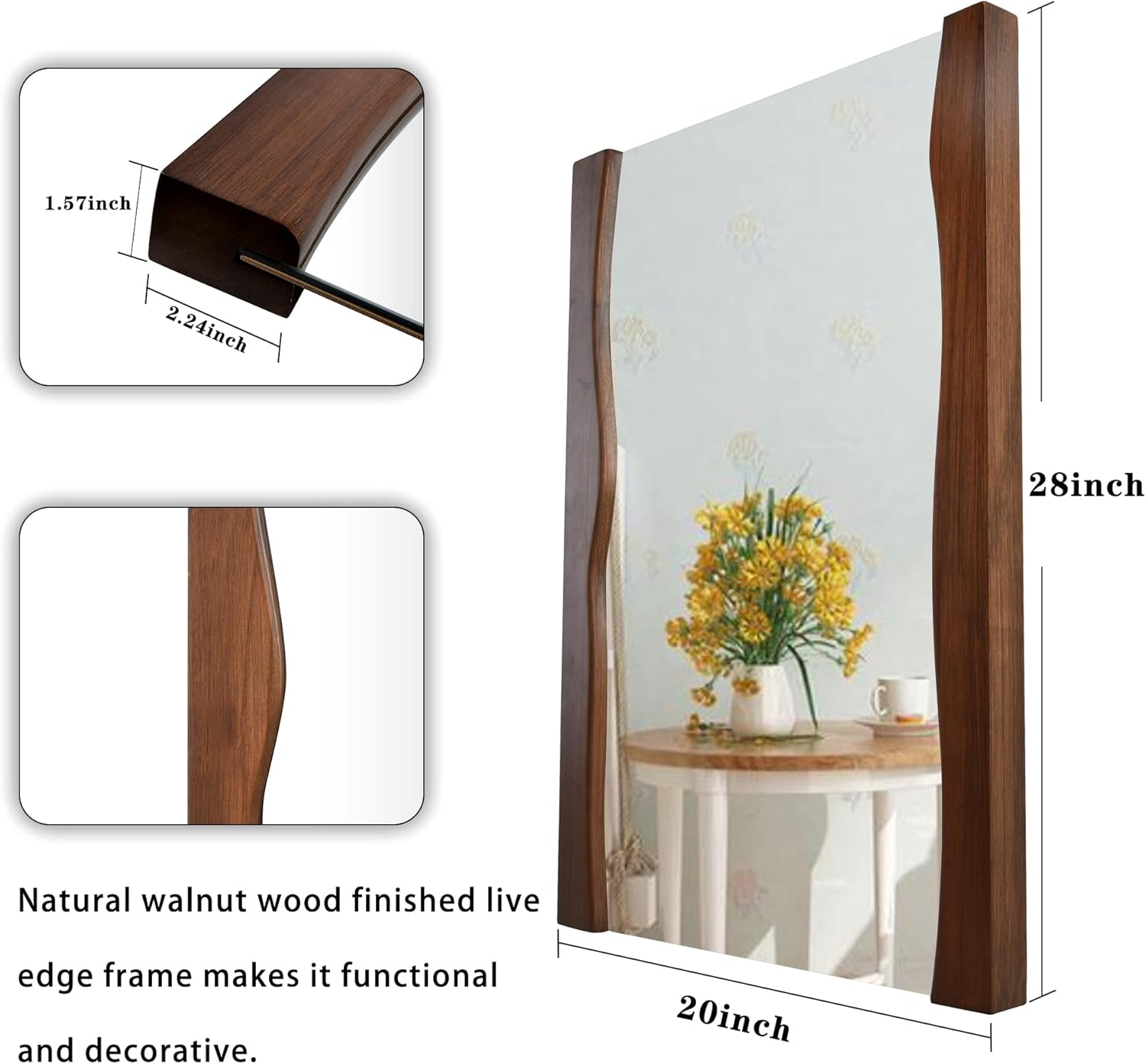 Espejo rectangular de madera para baño con marco de madera de borde vivo, espejo asimétrico de 20 x 28 pulgadas, espejos de tocador para entrada,