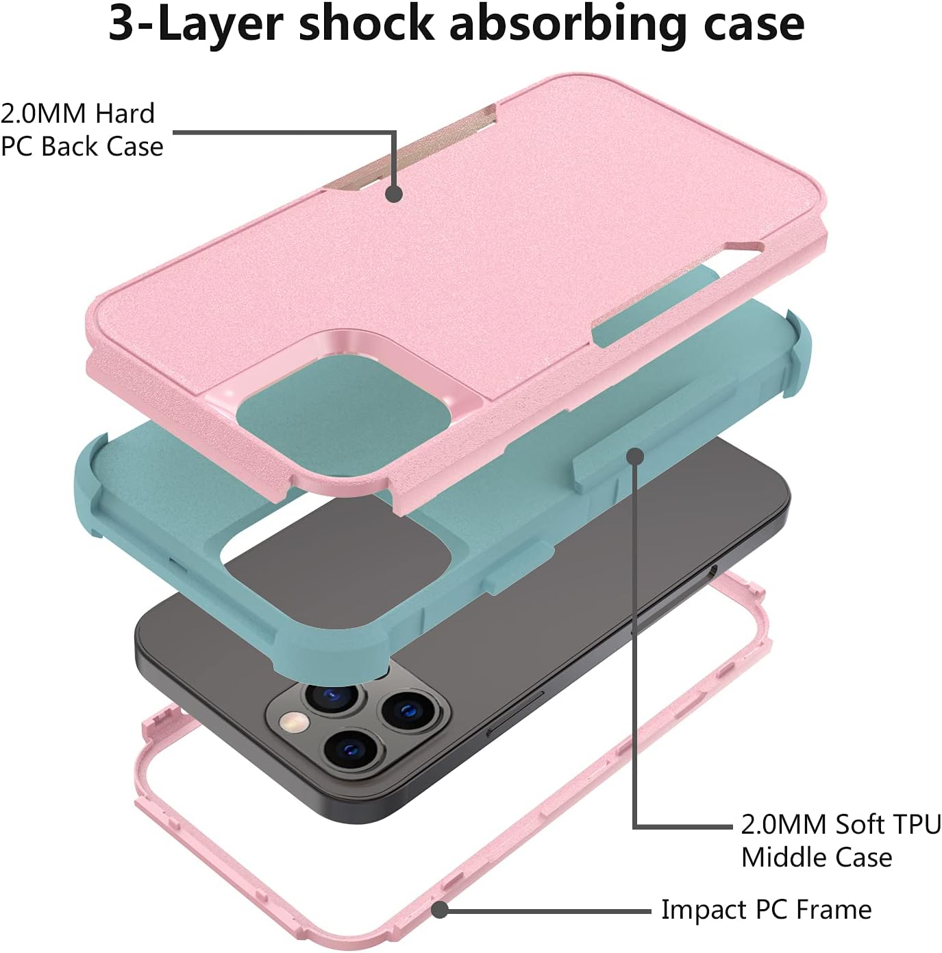 TJS Funda compatible con iPhone 13 Pro Max, con protector de pantalla de vidrio templado, resistente, resistente, a prueba de golpes, protección de