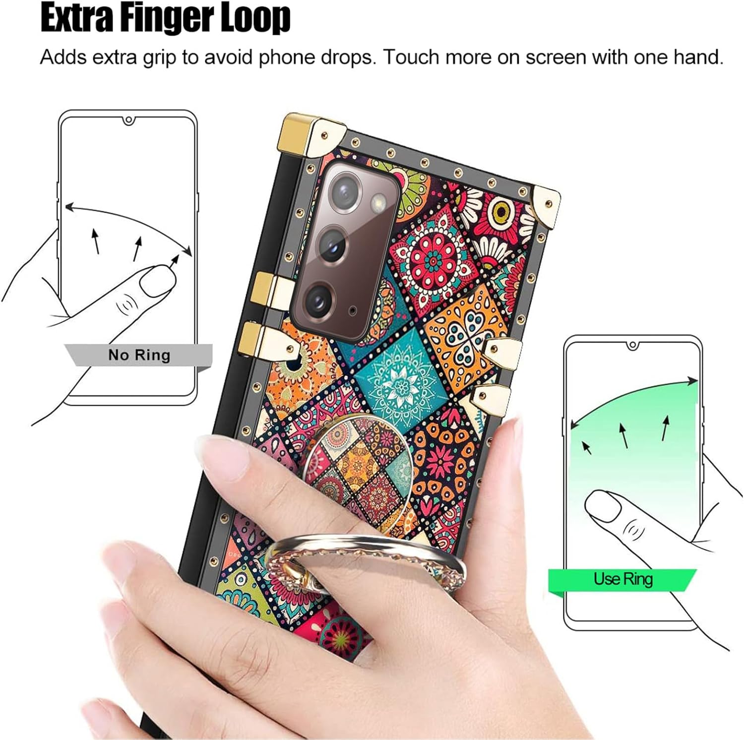 Funda cuadrada para teléfono Samsung Galaxy Note 20 con soporte de anillo y cordón para niñas y mujeres, bohemio, retro, bohemio, mandala, flores