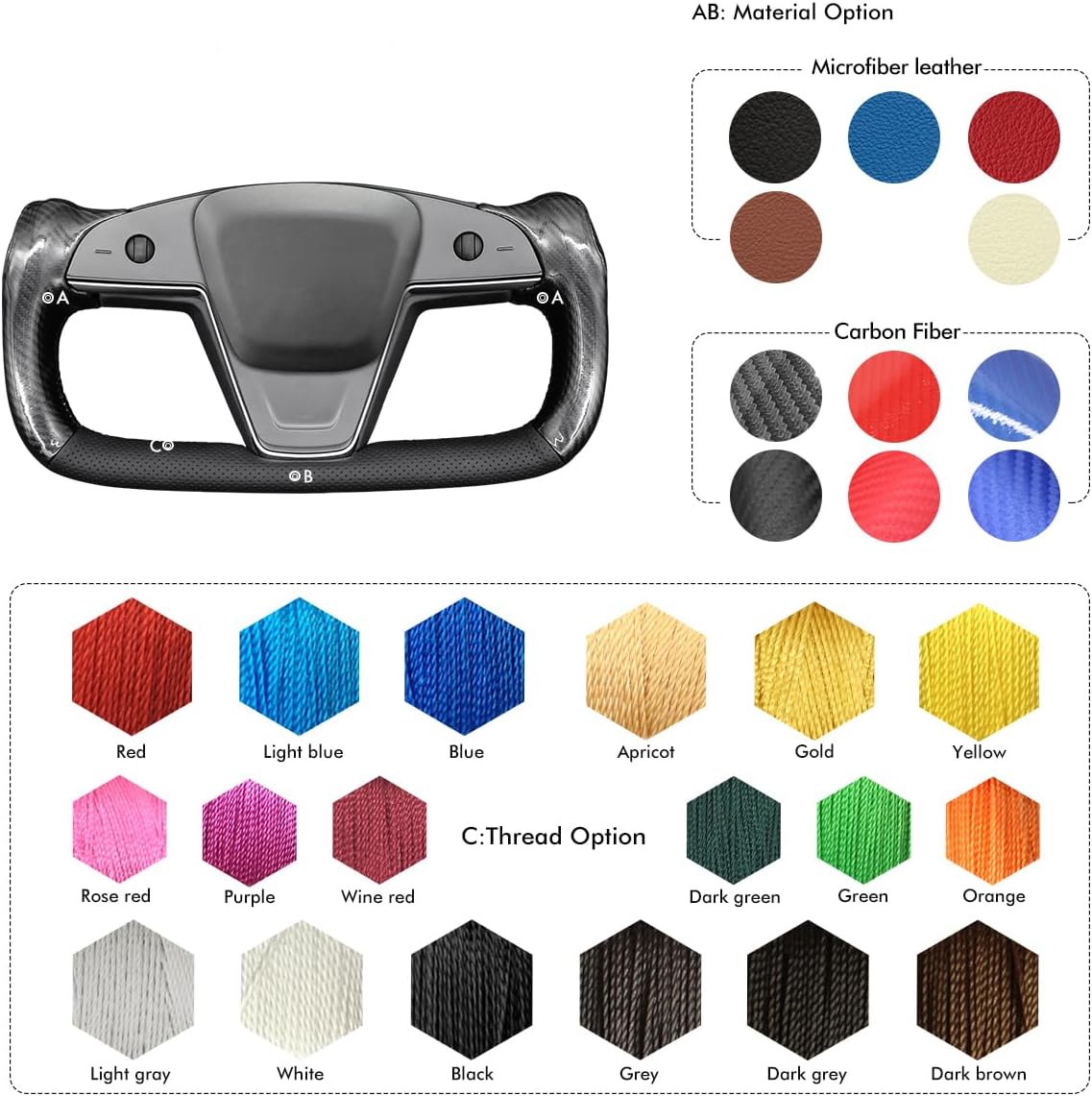 MEWANT Funda de volante de fibra de carbono de poliuretano brillante de cuero genuino negro cosido a mano para Tesla Model S Yoke Model X