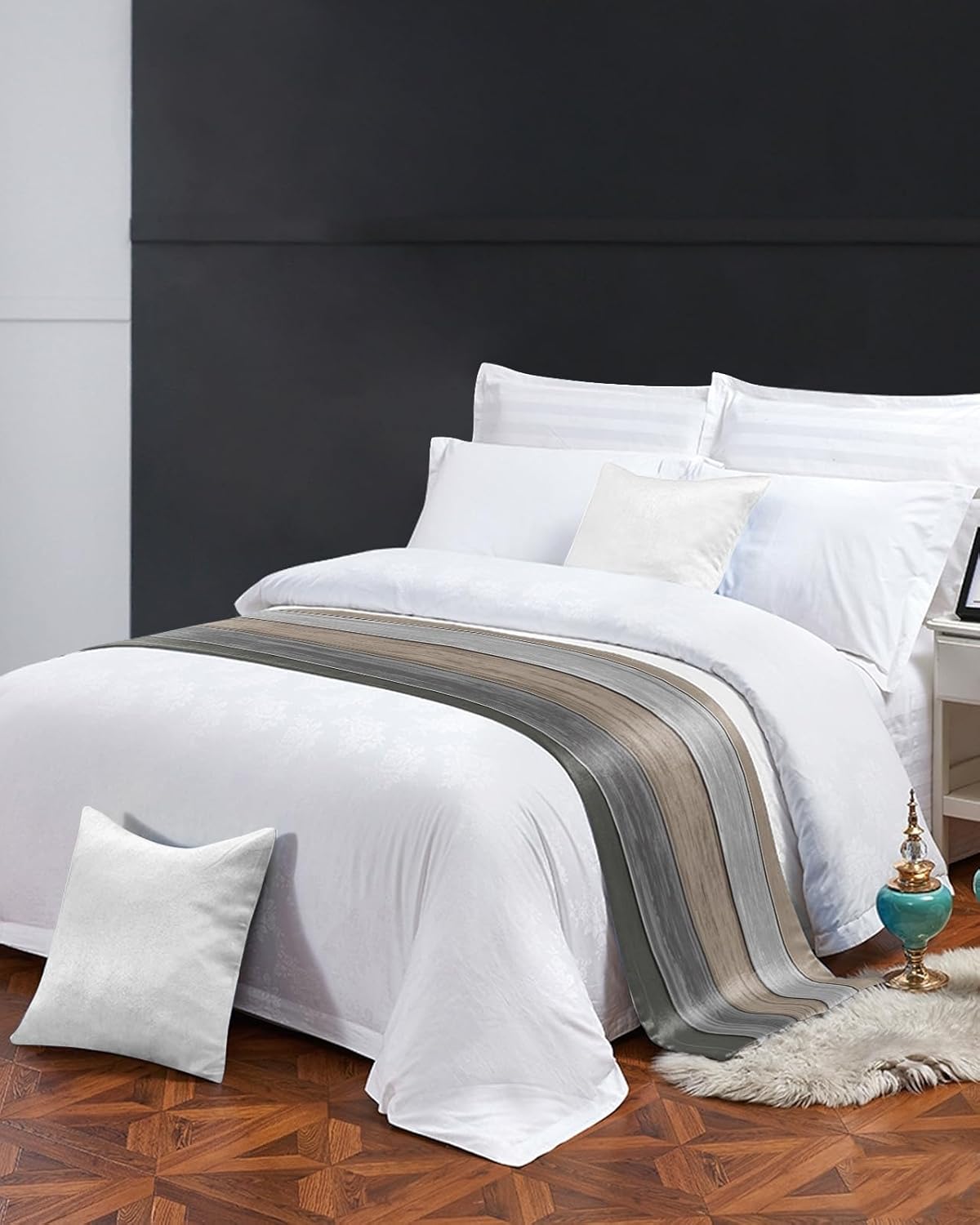 Camino de cama tamaño Queen, estilo rústico de grano de madera gris degradado, bufandas decorativas, estilo campestre vintage, camino de cama suave