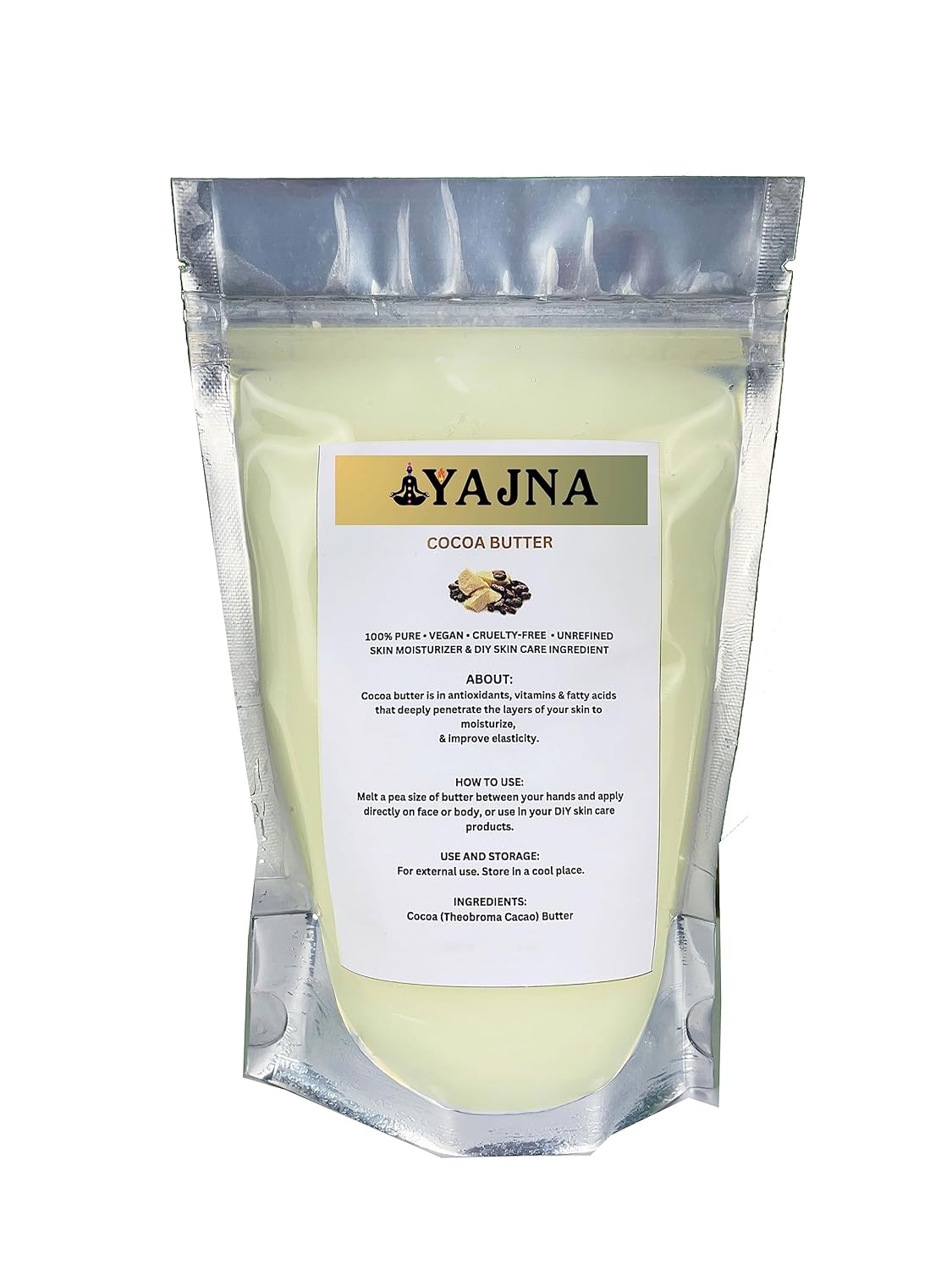 Yajna Manteca de cacao cruda orgánica 100% pura, natural y sin refinar  Hidratante de piel para cara, cuerpo y cabello  1 LBS450 GM marfilblanco