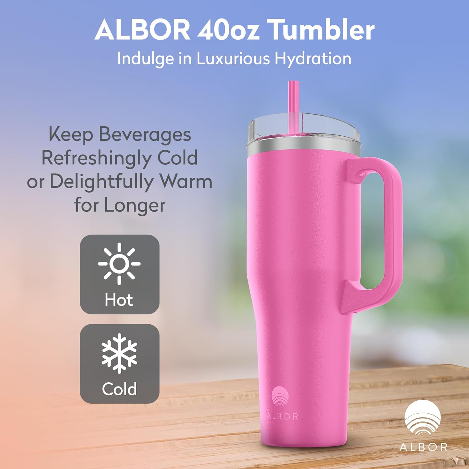 ALBOR Vaso de 40 oz con tapa y popote, vaso aislado de acero inoxidable duradero con asa, a prueba de fugas, botellas de agua a prueba de derrames