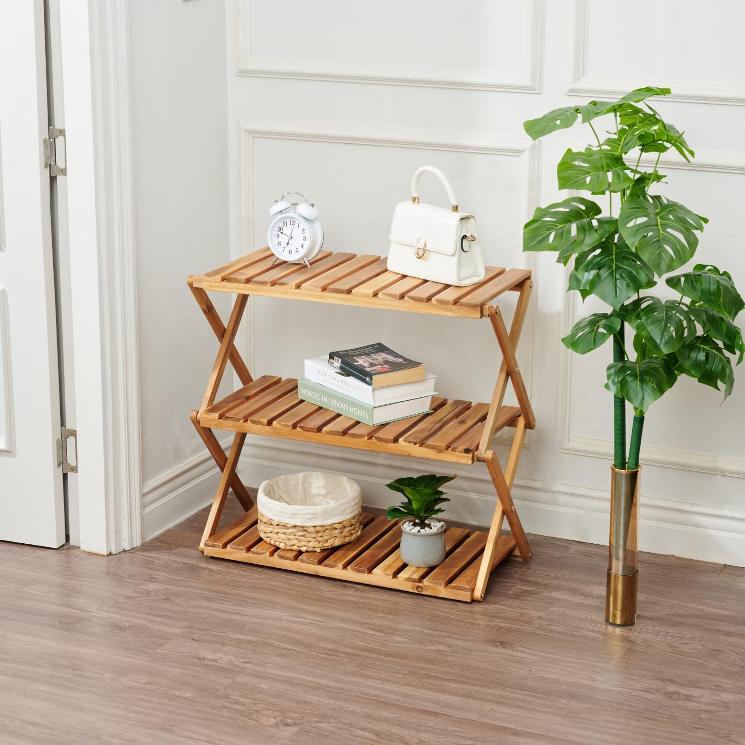 BEEFURNI Zapatero plegable, organizador de zapatos de madera de acacia, estante de zapatos de 3 niveles, zapateros independientes para entrada,
