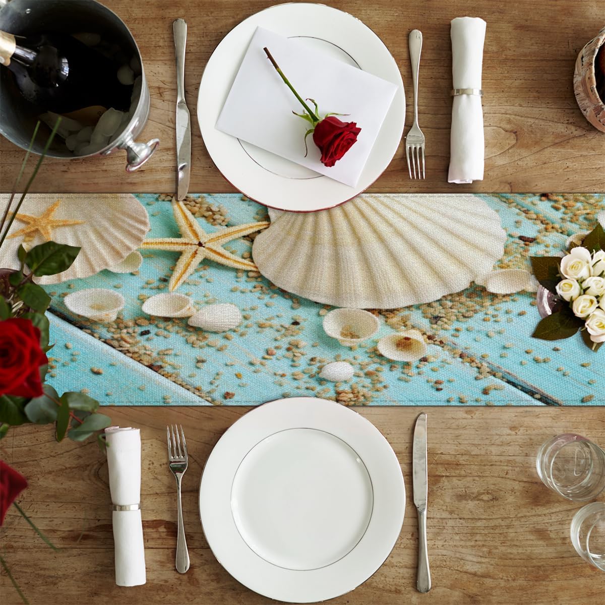 Table Runner Shell Starfish Beach, Autumn Rustic Linen Table Cloth Kitchen Dining Table Decor for Home Party 13 x 72 Inches