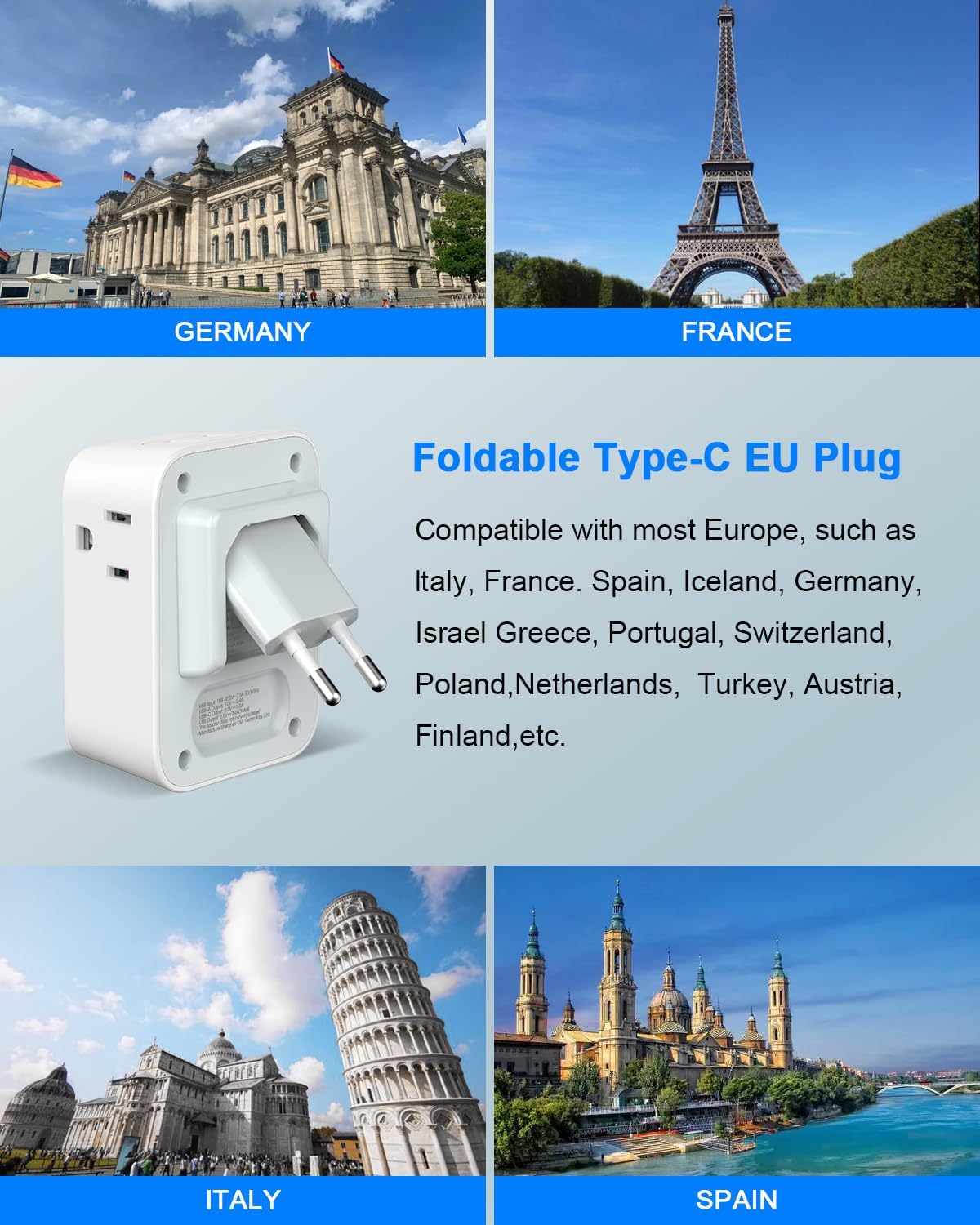 Adaptador de enchufe de viaje europeo plegable, adaptador de enchufe de alimentación internacional JAMIFEX con 4 tomas, 4 puertos USB (2 USB-C),