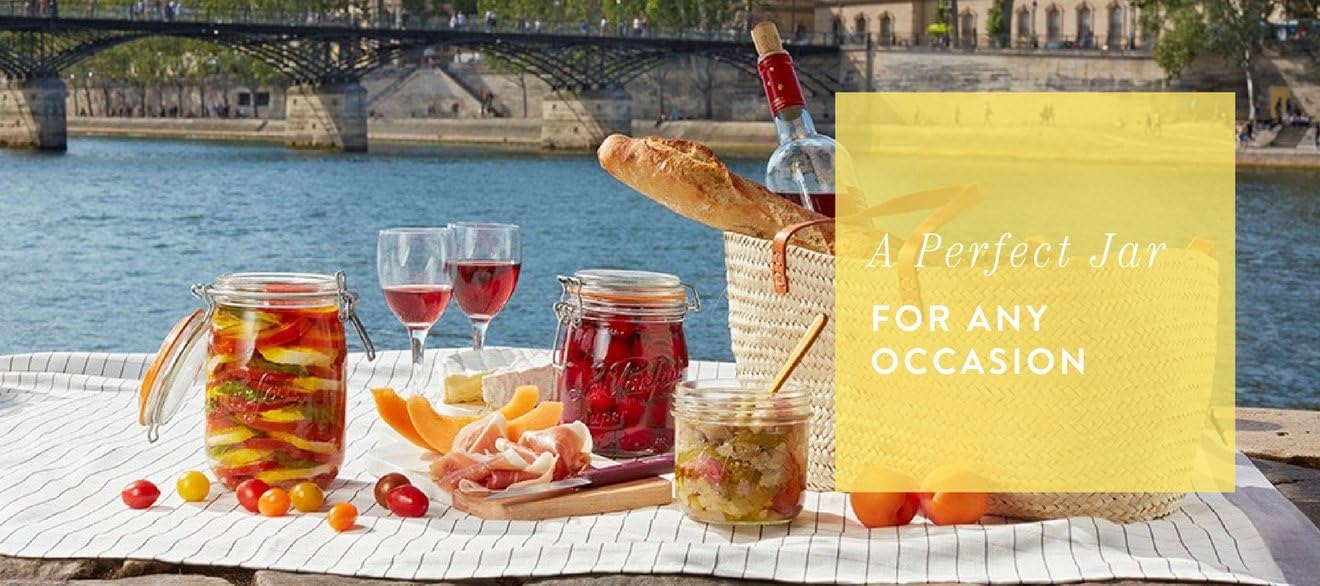 Le Parfait Super Jars Tarros de vidrio para conservas estilo francés, de boca ancha, con cuerpo redondeado, tapas de vidrio y sellos de hule