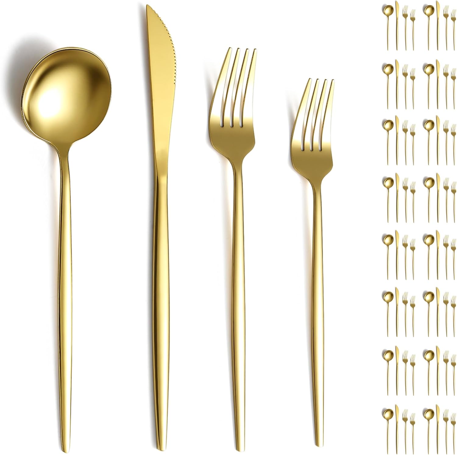 Juego de cubiertos dorados de 64 piezas para 16, juego de cubiertos de acero inoxidable chapado en oro de titanio, cuchillos, tenedores, cucharas,