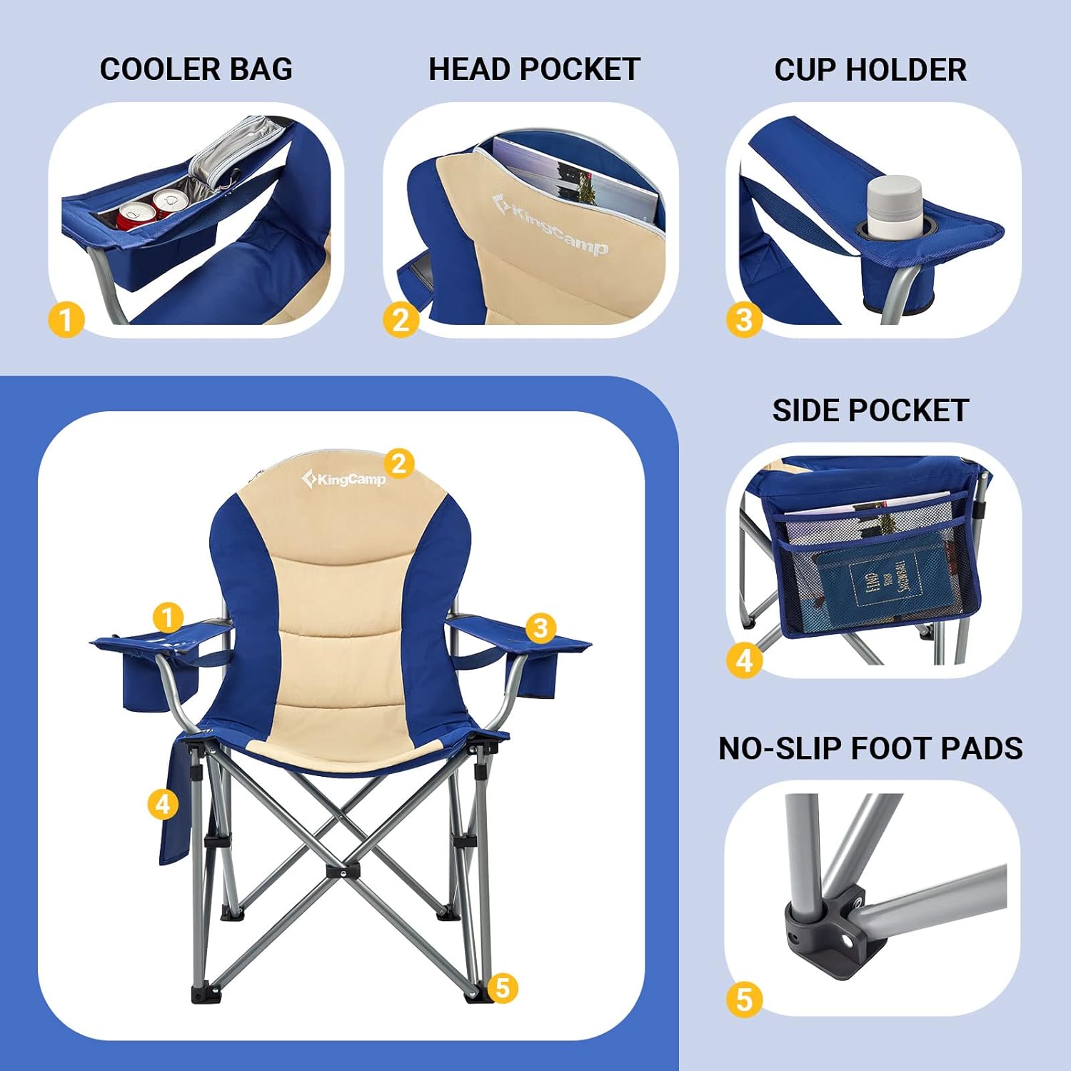 KingCamp Sillas de campamento con soporte lumbar con bolsa enfriadora, silla de campamento plegable acolchada para adultos con reposabrazos