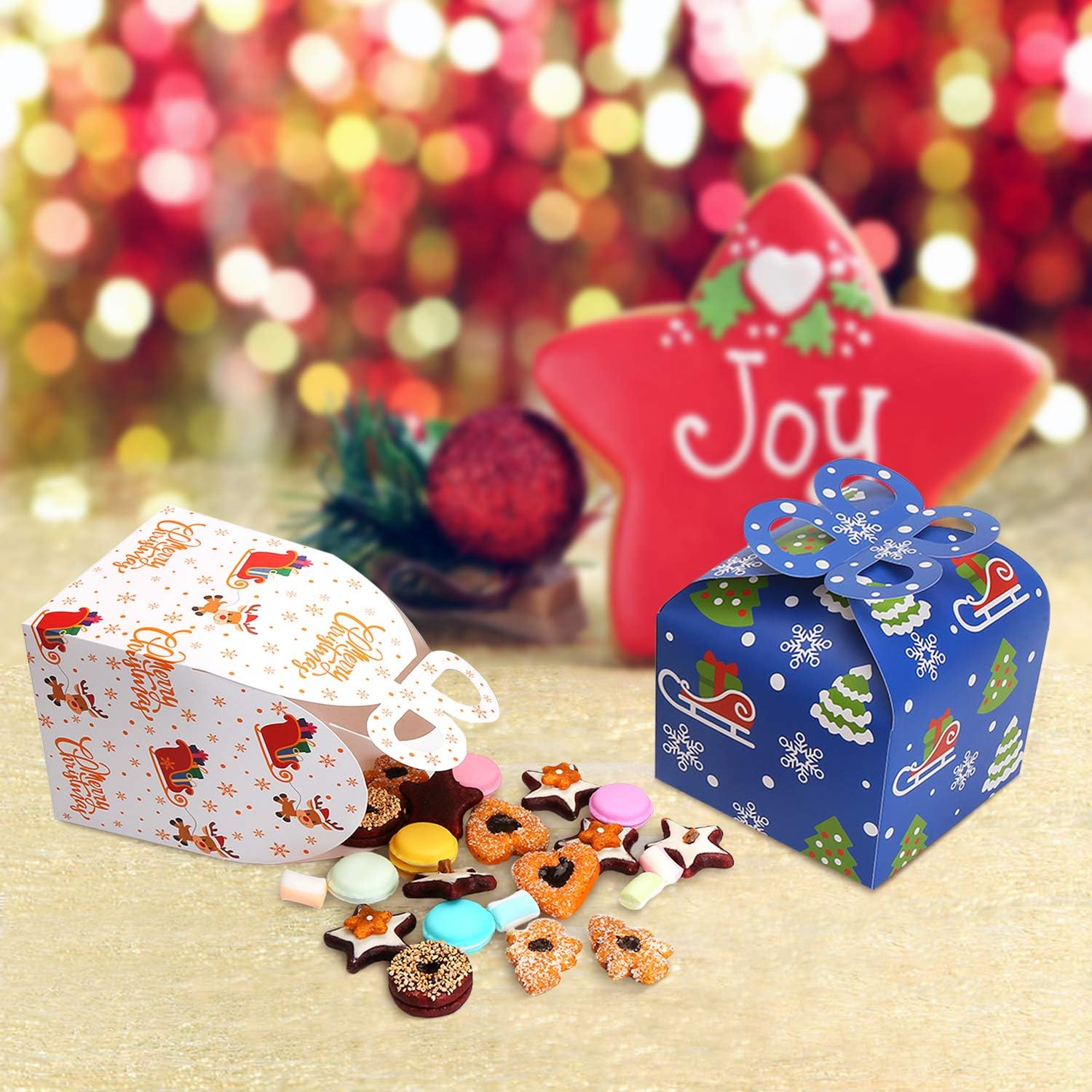 LOKIPA Cajas de regalo de Navidad Kraft Goody, 24 cajas de regalo de papel de fiesta de Navidad con lazo para regalo de Navidad