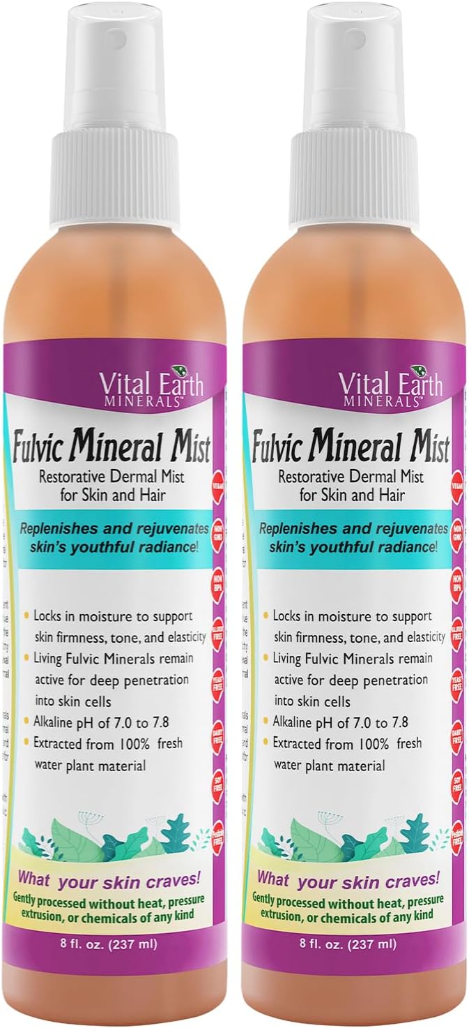 Vital Earth Minerals Fulvic – Bruma facial mineral para el cuidado de la piel y el cabello, espray facial hidratante, renovación celular y