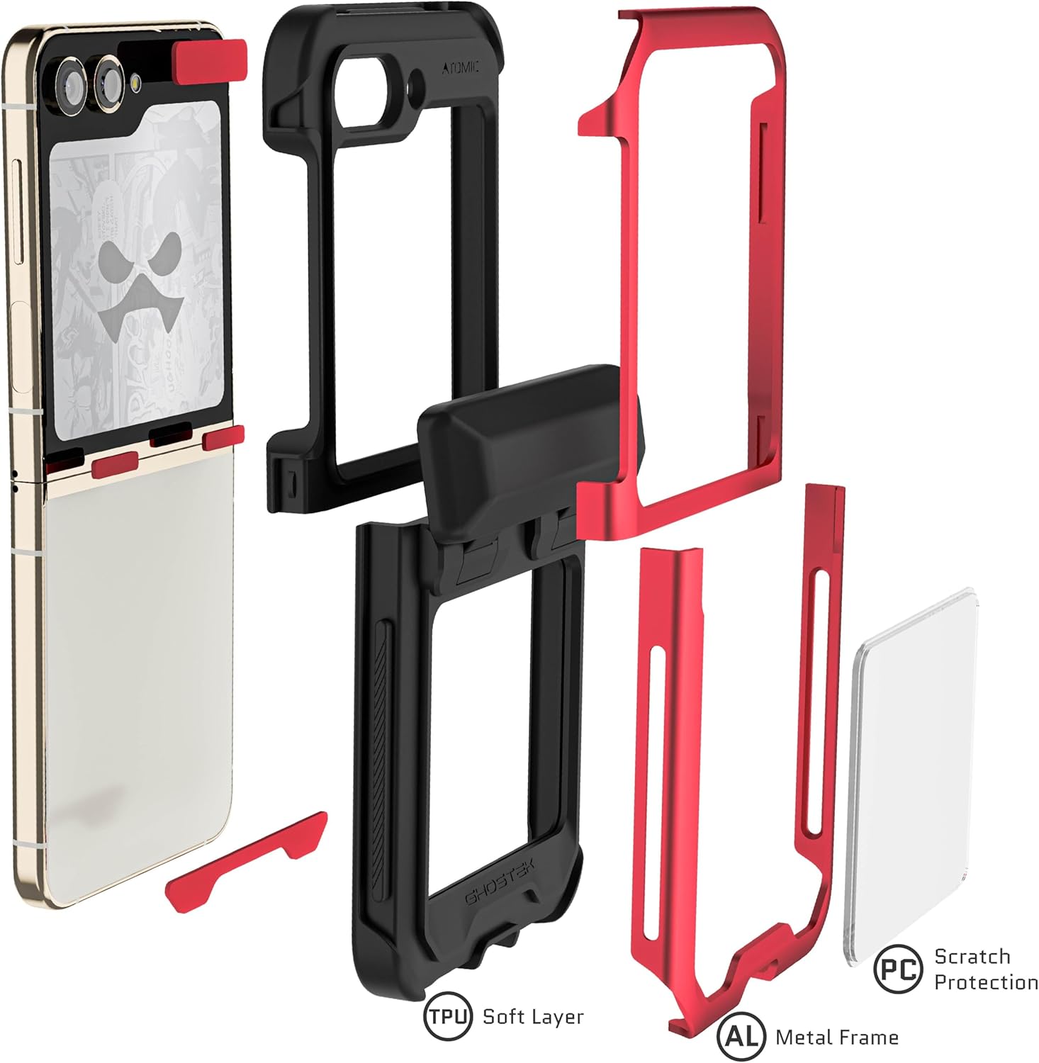 Ghostek ATOMIC – Funda delgada para Samsung Galaxy Z Flip 5 transparente con parachoques de metal de aluminio rojo, de alta calidad, resistente,
