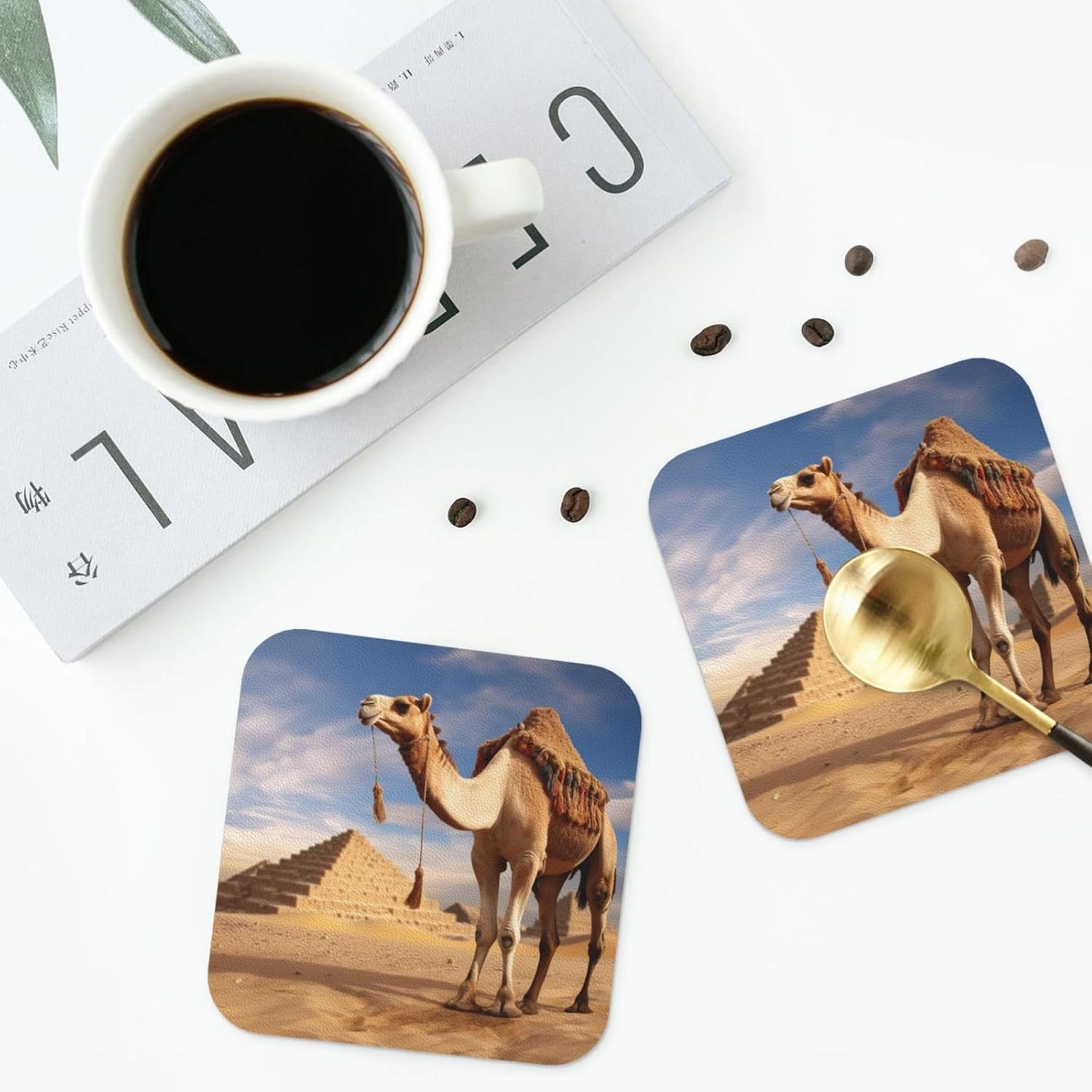 Camel Print Leather Coaster Drink Coasters Set of 4 Waterproof Funny Coaster for Drinks Round Cups Mugs Mat Pad for Kitchen Home Decor