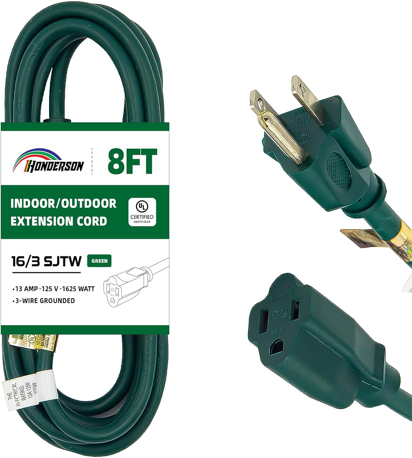 Cable de extensión para exteriores de 8 pies-163 SJTW cable de extensión verde duradero con enchufe de 3 clavijas para mayor seguridad, ideal para
