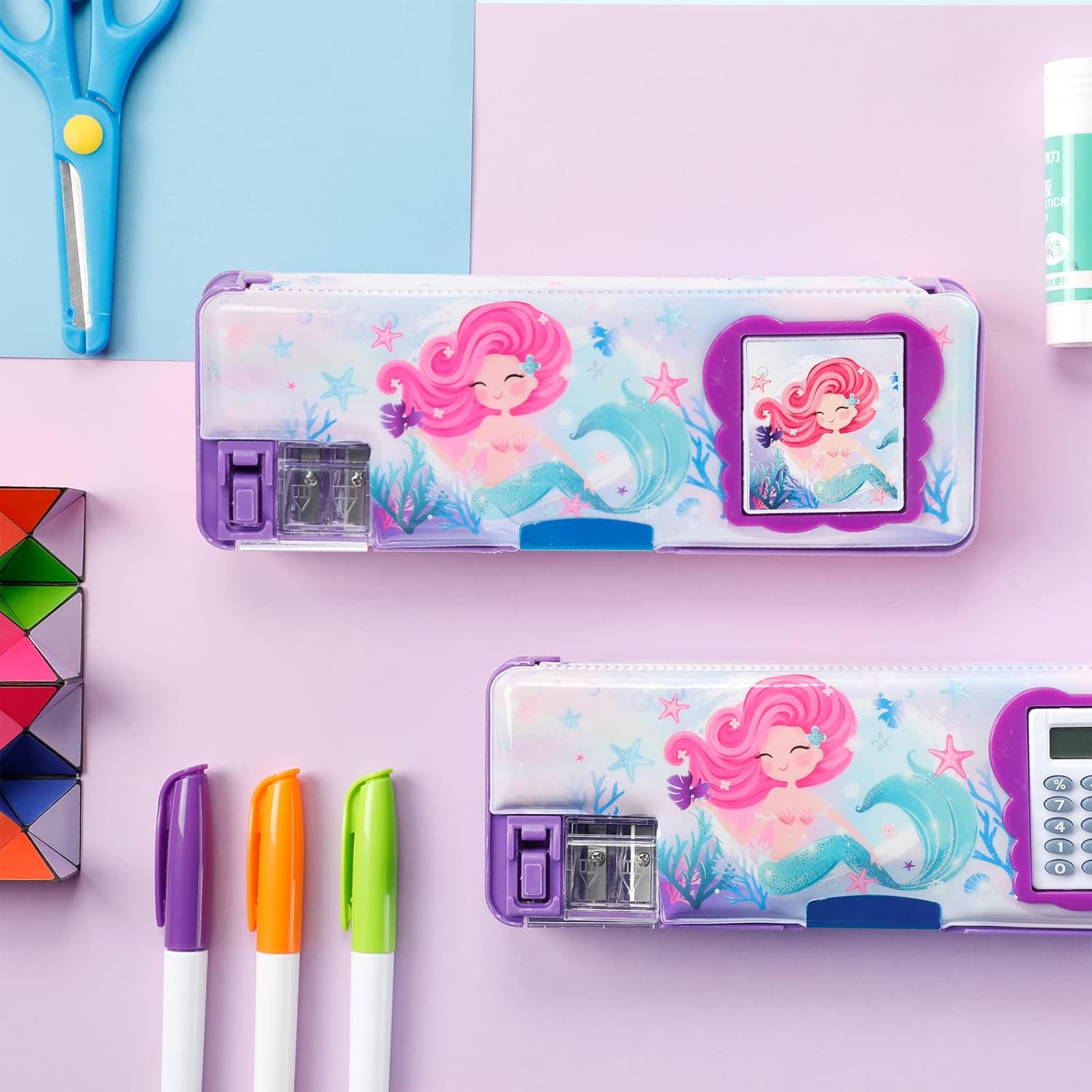 Henoyso Caja de lápices para niñas, estuche de sirena con calculadora y sacapuntas, estuche multifunción para lápices, suministros escolares, regalo