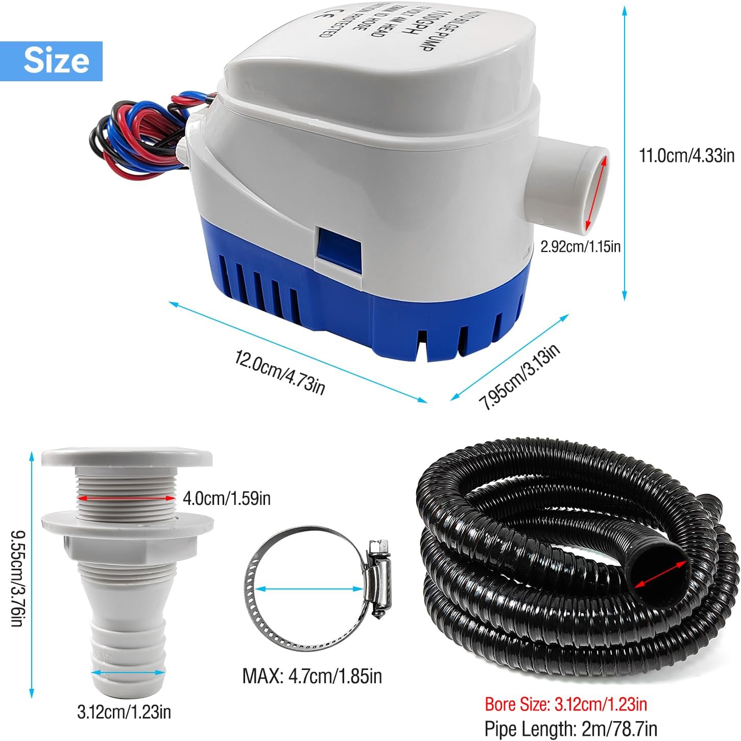 Kit de bomba de sentina automática para barcos, kit de plomería de bomba de sentina de 1-18 pulgadas, incluye bomba de sentina de 12 V 1100 Gph, 1