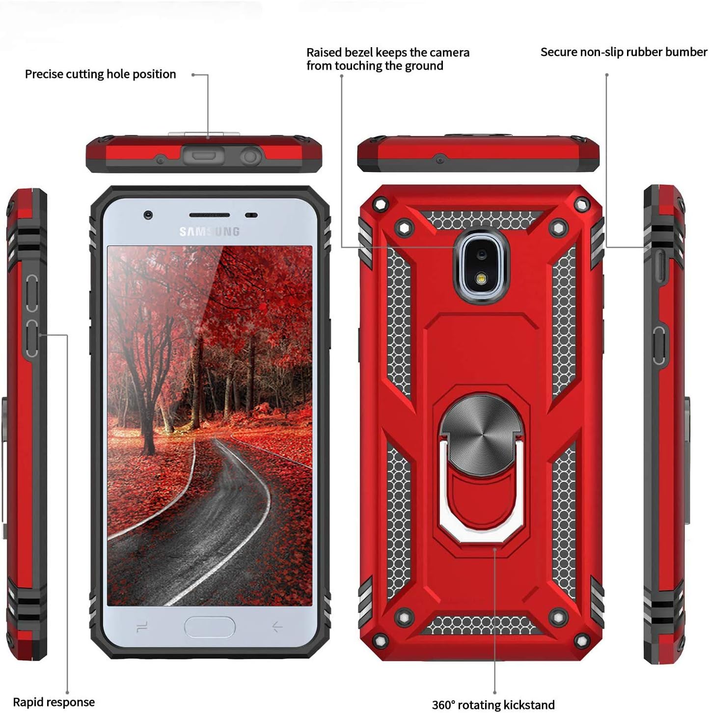 TJS Funda compatible con Samsung Galaxy J7 2018J7 RefineJ7 StarJ7 EonJ7 TOPJ7 AeroJ7 CrownJ7 Aura, anillo de metal con soporte magnético para