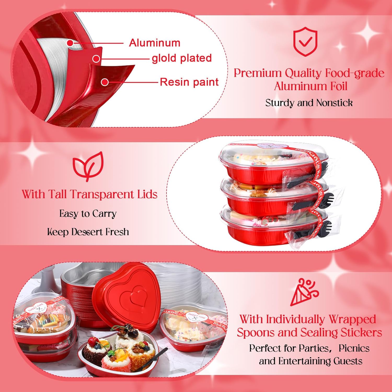 Yinkin 25 moldes de papel de aluminio con forma de corazón de 22 onzas para cupcakes con tapas y cucharas, moldes desechables para tartas, moldes