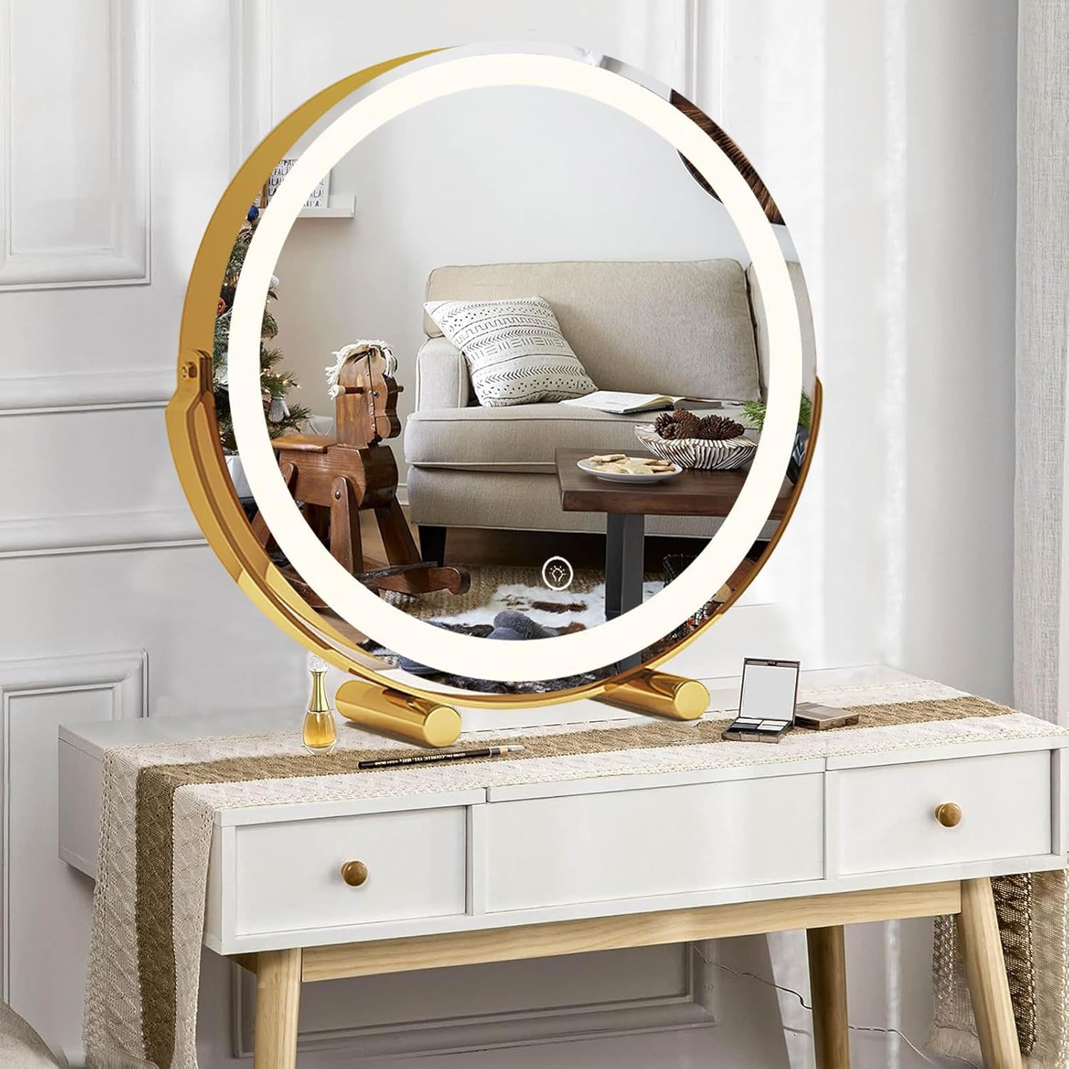 Espejo de maquillaje con luces, espejo de tocador grande iluminado, pantalla de control táctil inteligente y rotación de 360 grados con espejo de