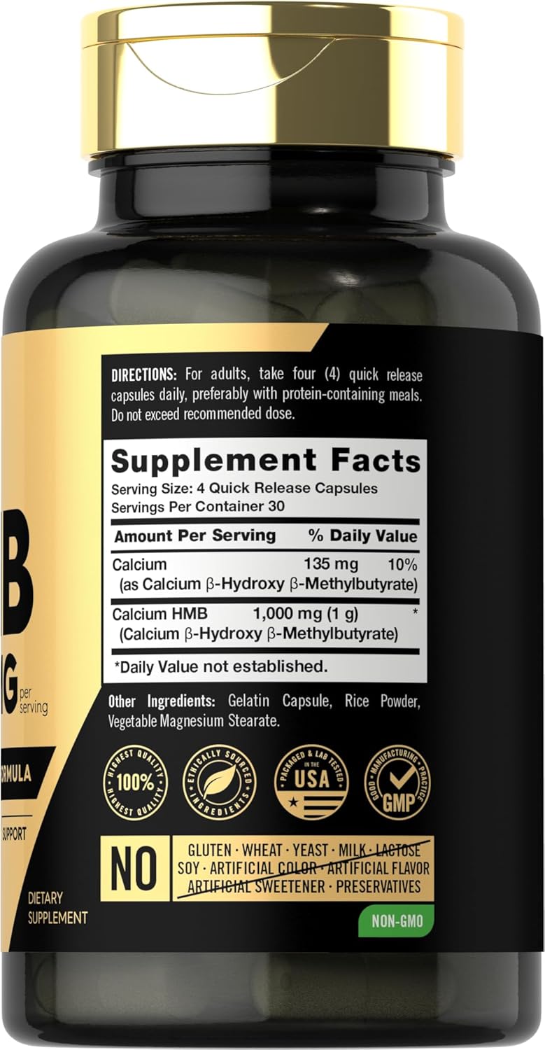 Carlyle Suplemento HMB  1000 mg  120 cápsulas  Fórmula avanzada de atleta sin OMG y sin gluten