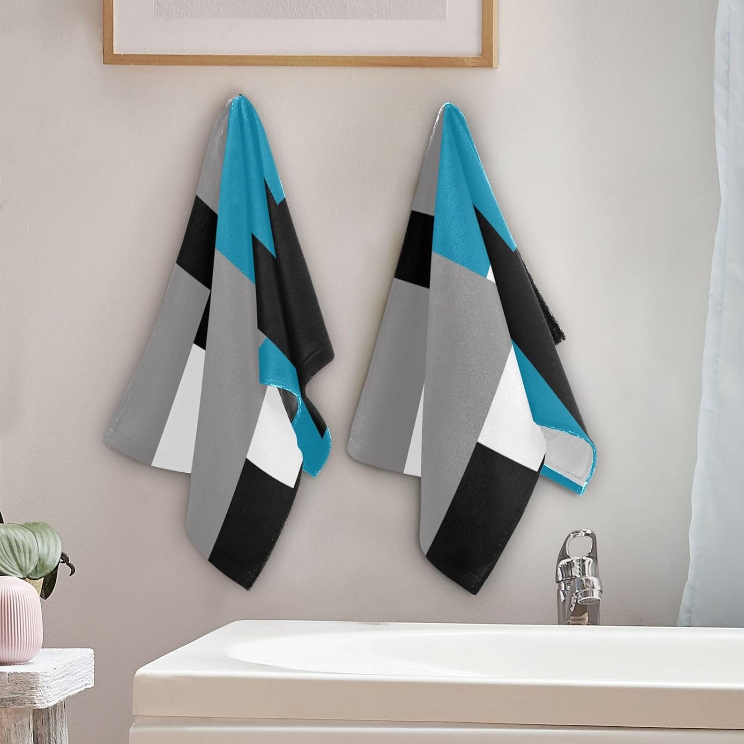 Juego de 2 toallas de mano geométricas azules y grises para baño, toallas de cocina absorbentes de microfibra abstractas en blanco y negro, toallas