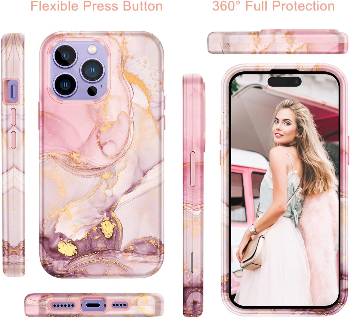 Funda para iPhone 14 Pro Max, patrones de mármol 3 en 1, policarbonato duro, TPU suave, parachoques de grado militar, cuerpo completo, a prueba de
