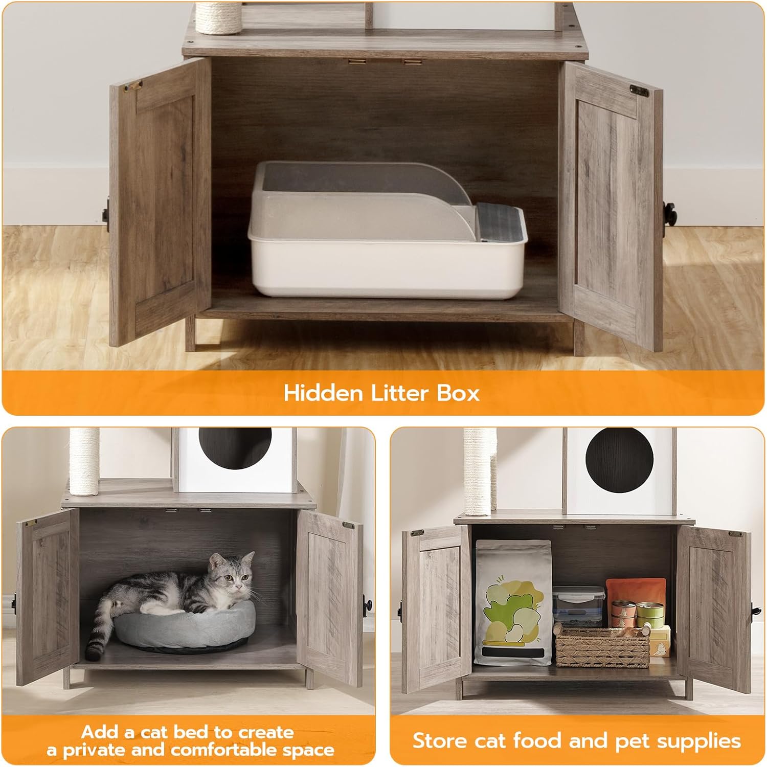 HOOBRO Torre de árbol para gatos con caja de arena para gatos de interior, condominio de madera para gatos con postes rascadores, caja de arena para