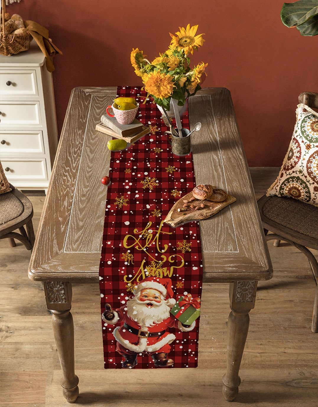Camino de mesa de Navidad de Papá Noel con regalo, clásico rojo y negro, a cuadros, bufandas de cocina, comedor, caminos de mesa para interiores y
