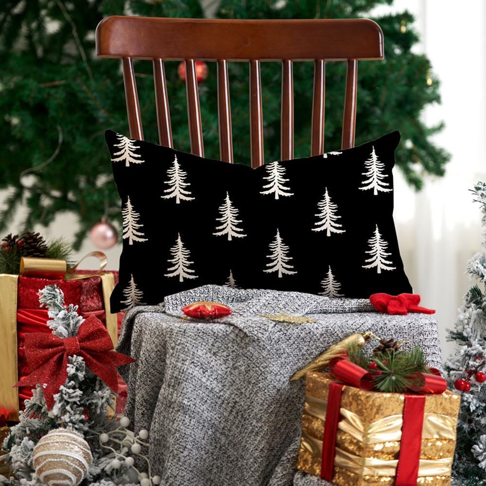 DFXSZ Fundas de almohada navideñas de 12 x 20 pulgadas, decoración de árbol de Navidad, color negro, decoración familiar de invierno para el sofá