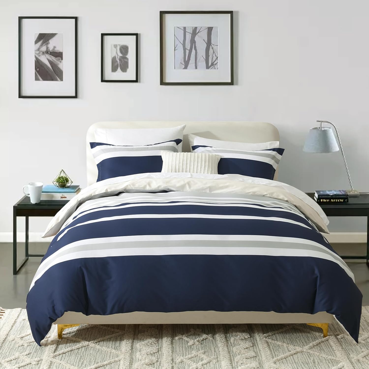 Funda de edredón de algodón tamaño Queen  Juego de funda de edredón a rayas azul marino con cierre de cremallera, 3 piezas de ropa de cama suave y