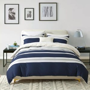 Funda de edredón de algodón tamaño Queen  Juego de funda de edredón a rayas azul marino con cierre de cremallera, 3 piezas de ropa de cama suave y Funda de edredón de algodón tamaño Queen  Juego de funda de edredón a rayas azul marino con cierre de cremallera, 3 piezas de ropa de cama suave y