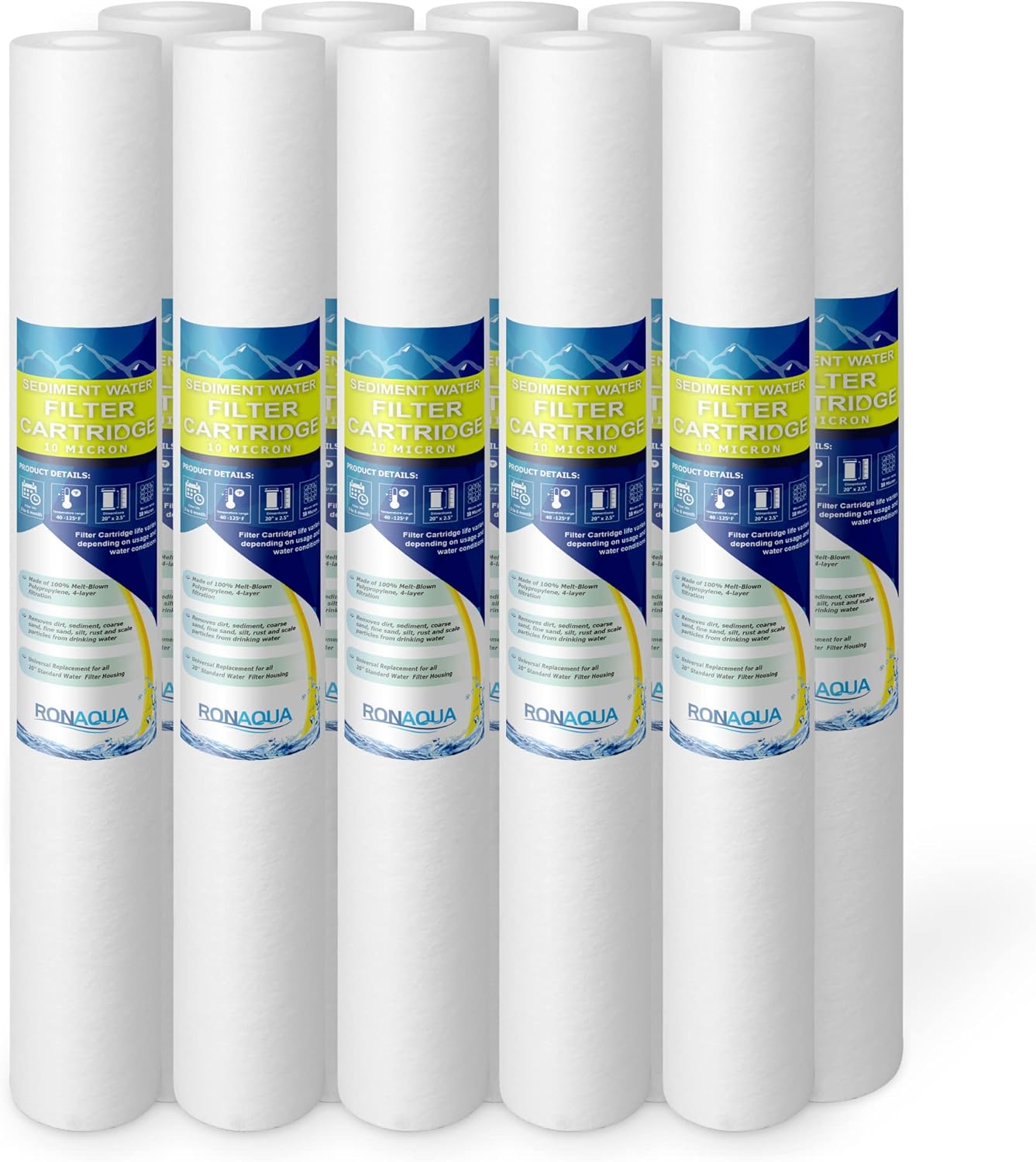 Filtro de sedimento estándar de polipropileno de 10 micrones de filtración de cuatro capas soplado en fusión para toda la casa de 20 x 2.5 pulgadas,