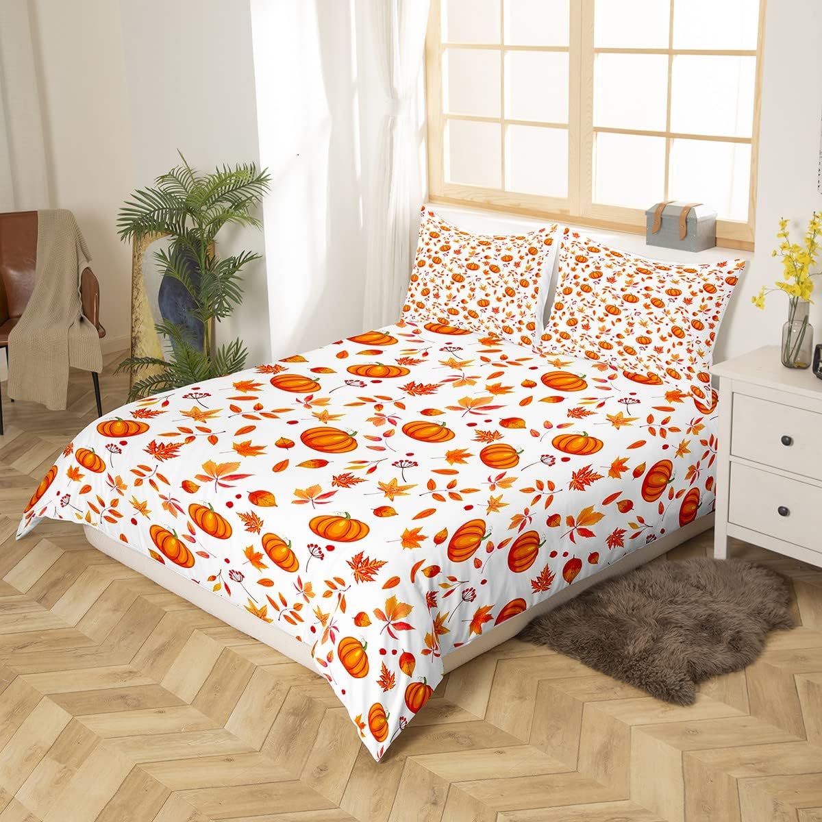 Funda de edredón de calabaza de Halloween, juego de ropa de cama de otoño con diseño de calabaza y hojas de arce, funda de edredón para regalos de