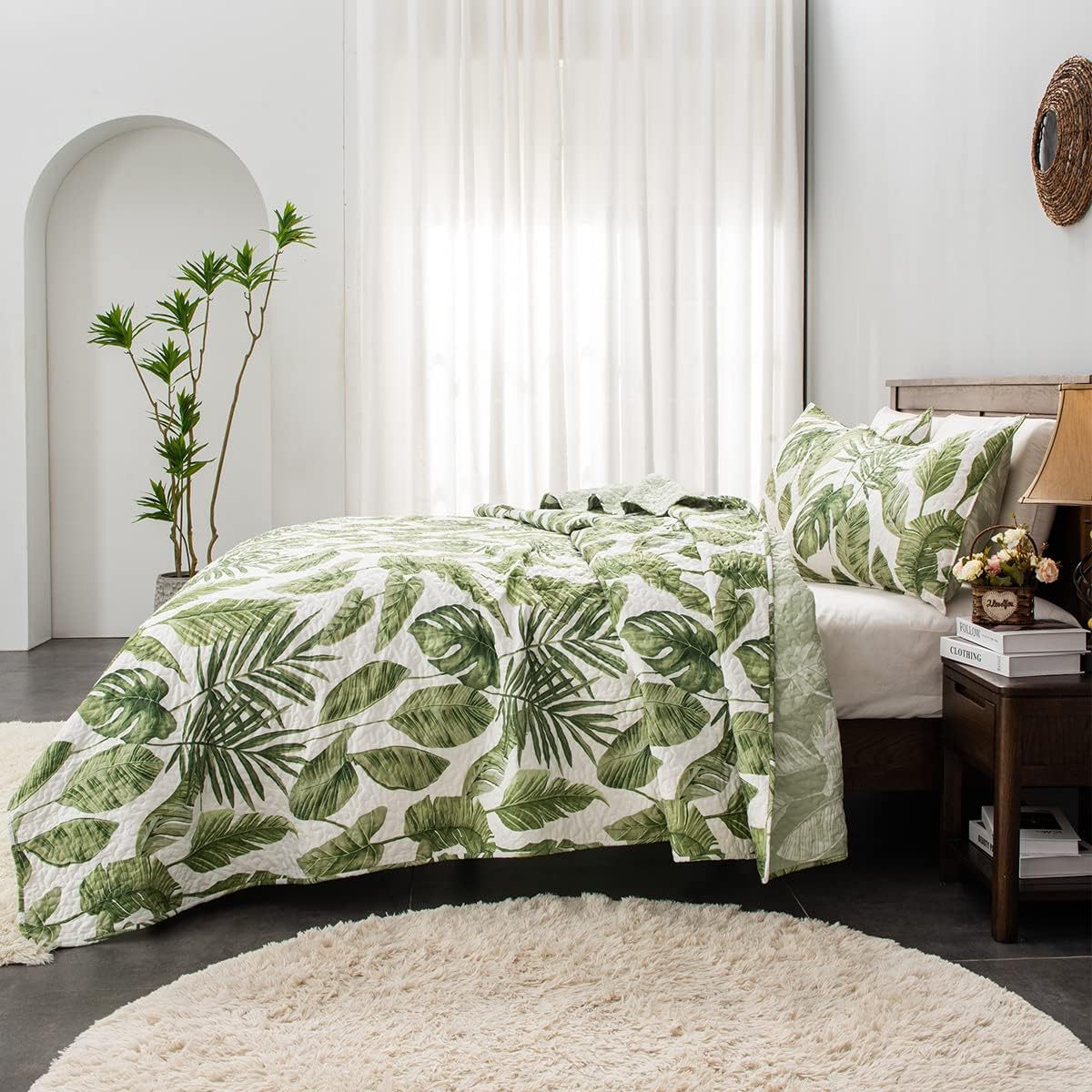 HORIMOTE HOME Juego de edredón de plantas tropicales de 2 piezas, tamaño individual, hojas de palma verde, estilo selva, juego de ropa de cama