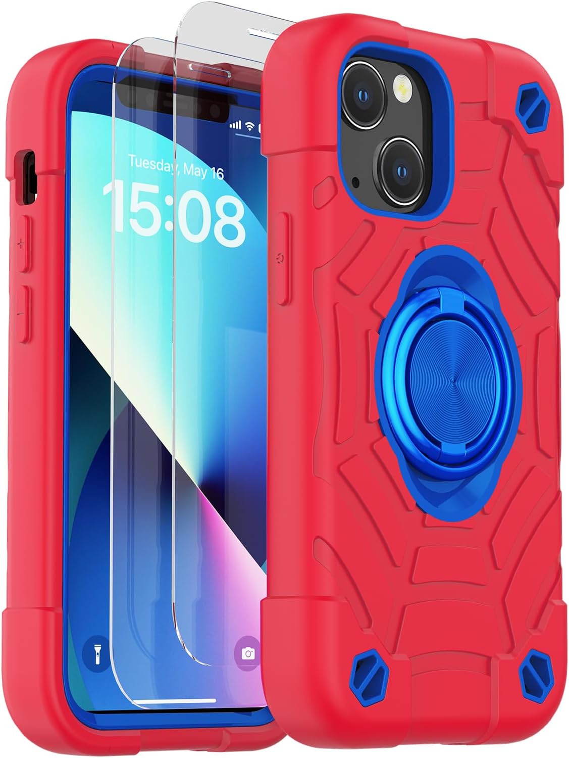 KCJ Funda compatible con iPhone 13 y iPhone 14 con 2 protectores de pantalla, protección contra caídas de grado militar, funda protectora a prueba