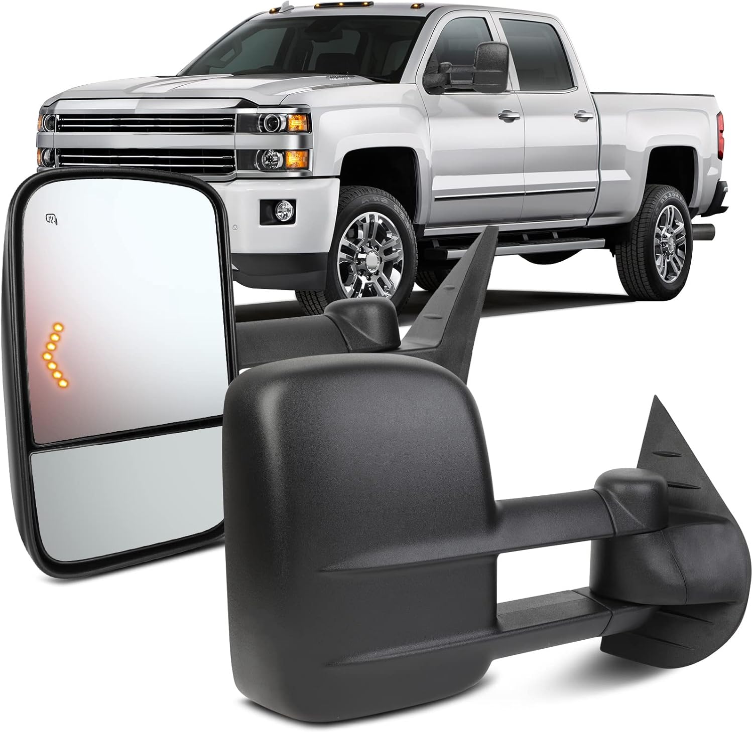 OCPTY Espejos de remolque con lente calentada eléctrica con luz LED, espejos de remolque laterales izquierdo y derecho, compatibles con Chevy