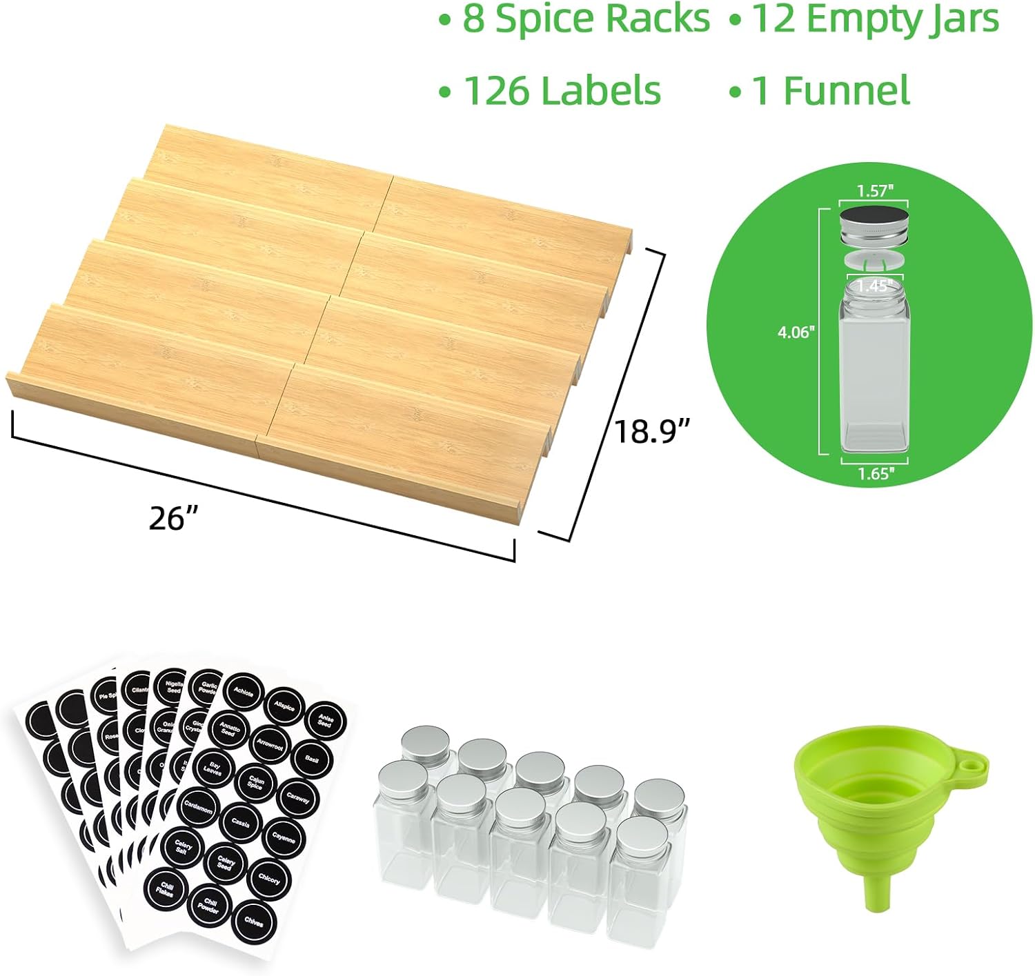 BulkPanda Organizador de cajones de bambú para especias, 10 tarros de almacenamiento de especias para condimentos, organizador de cajones, juego de