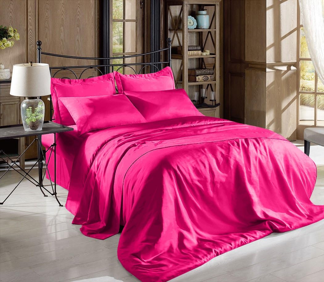 Juego de sábanas o funda de almohada de satén suave y sedoso de color liso con hilos de alta densidad., Satin, Hot Pink, King