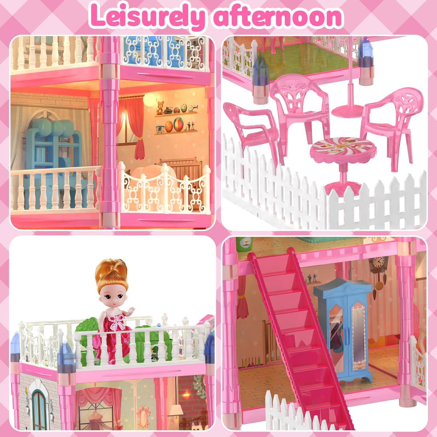 JoyZin 374 piezas de casa de muñecas casa de ensueño para niñas, casa de juegos de princesa con luces, accesorios de muebles, juegos de simulación,