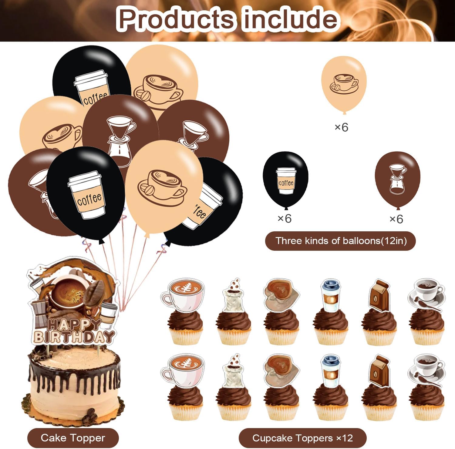 Suministros de fiesta de cumpleaños de café, decoraciones de fiesta de café, temática de fiesta de café, incluye globos, pancarta, adornos para