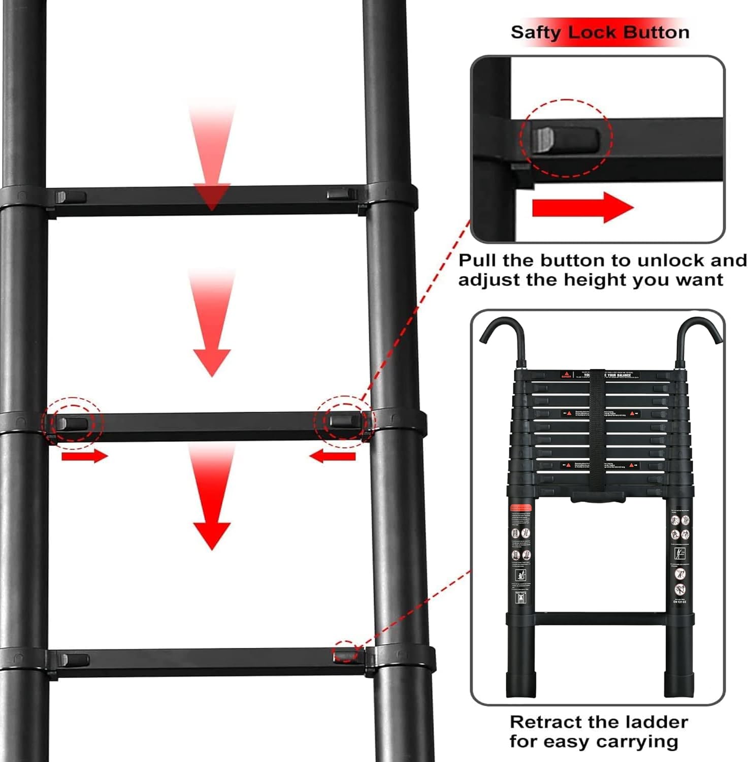 Escalera telescópica de 16.5 pies, escalera telescópica de aluminio con 2 ganchos de capacidad máxima de 330 libras, con pies antideslizantes,
